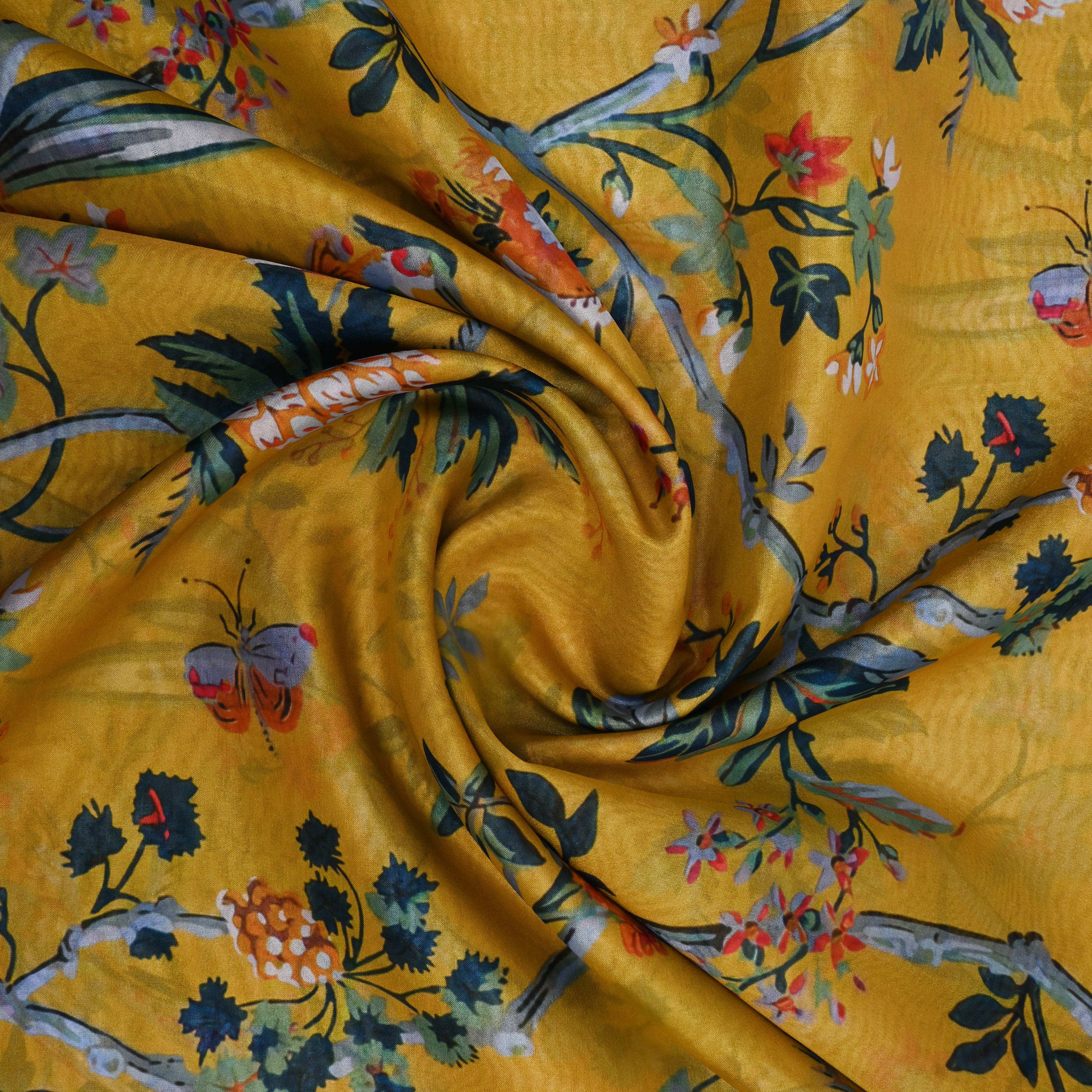 Goldenrod Yellow Floral Printed Silk Fabric