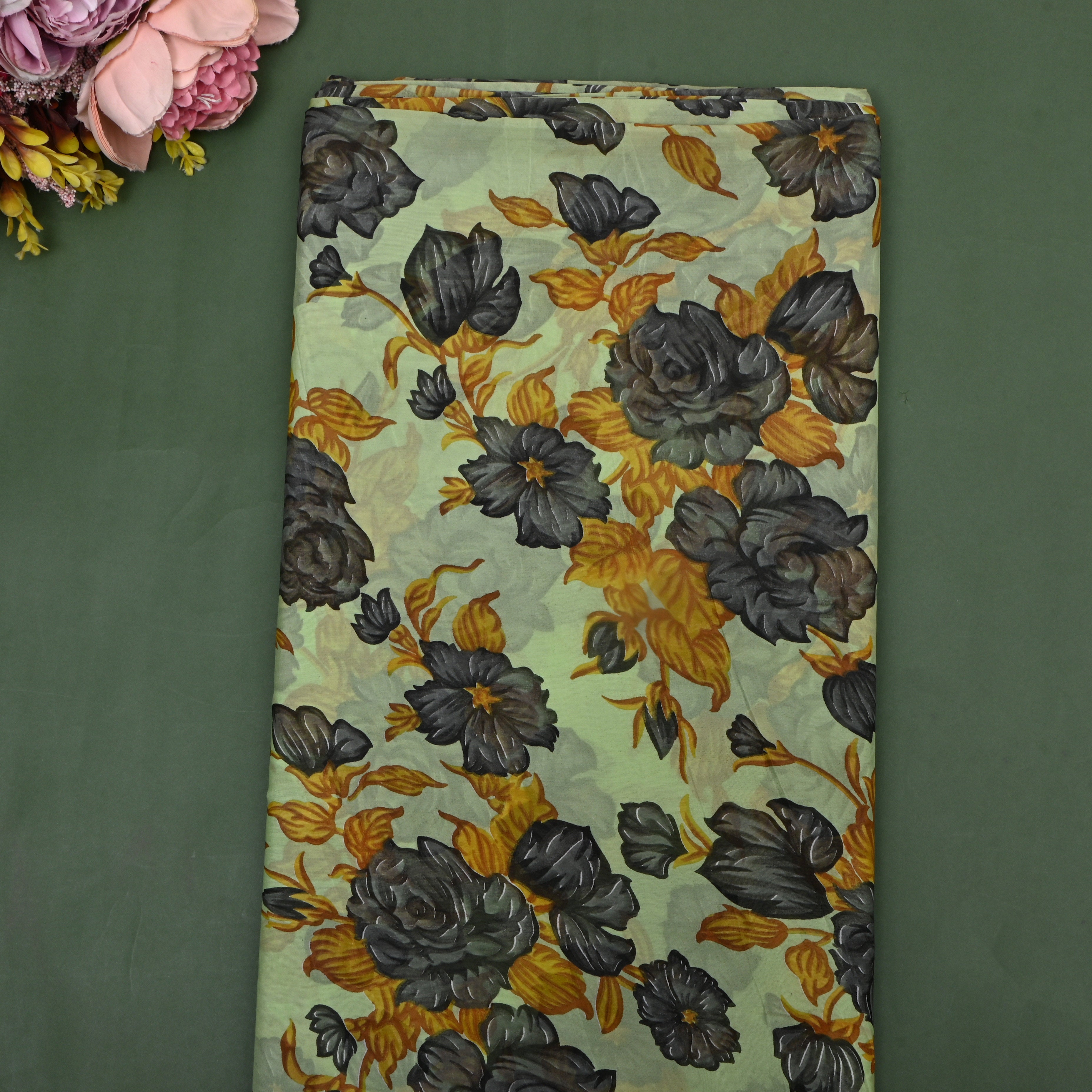 Pastel Green Chiffon Fabric With Floral Print