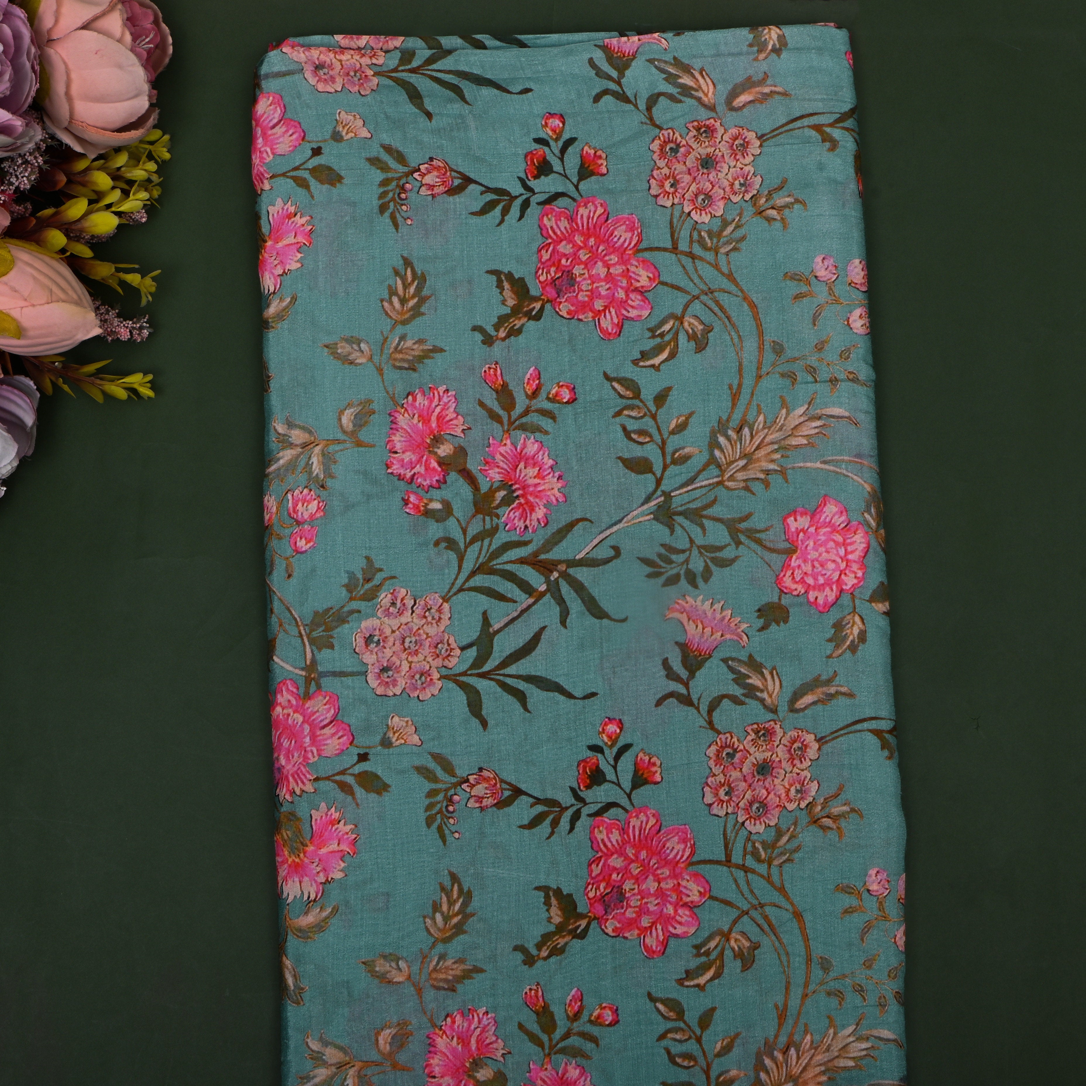 Persian Green Floral Printed Silk Fabric