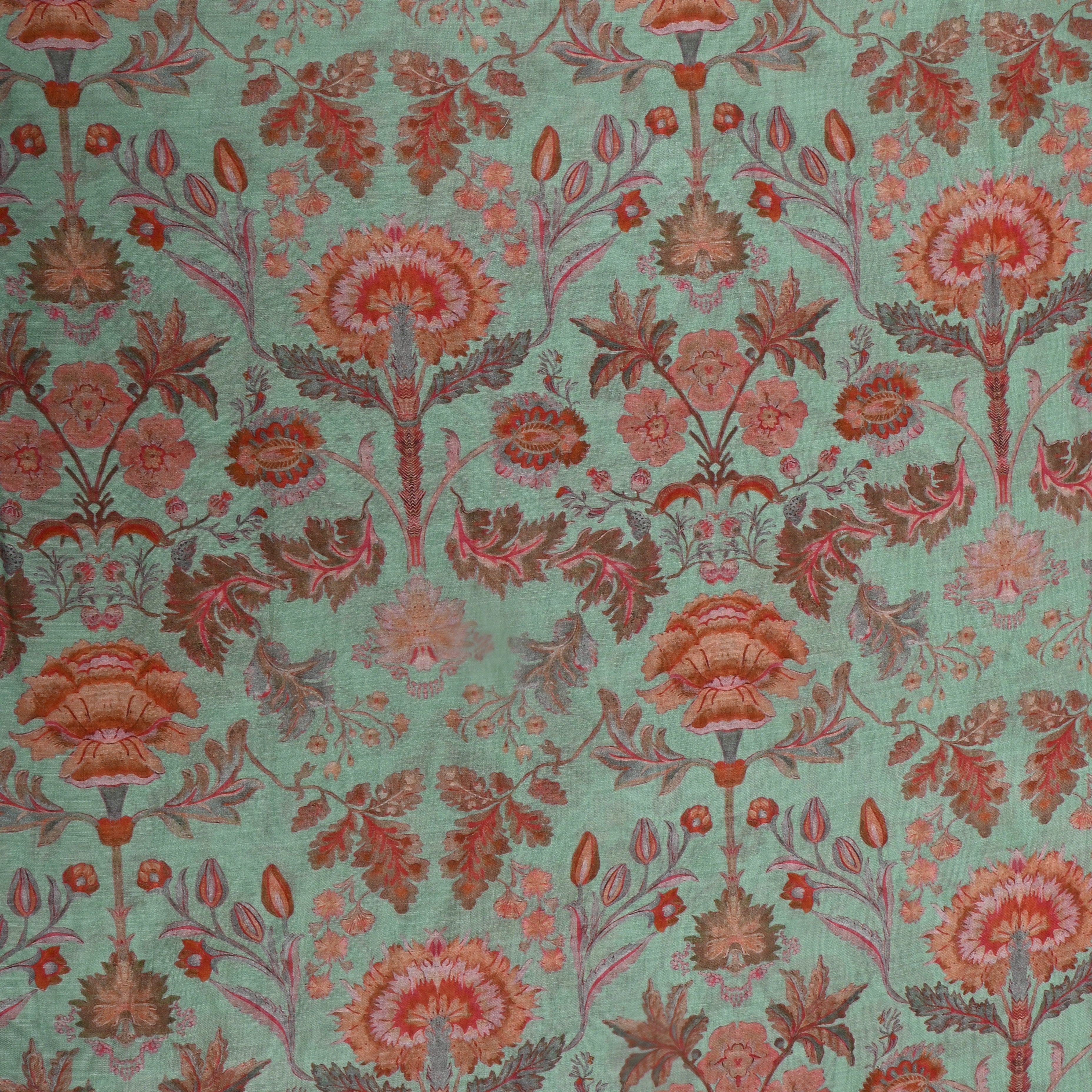 Seafoam Green Floral Printed Chanderi Fabric