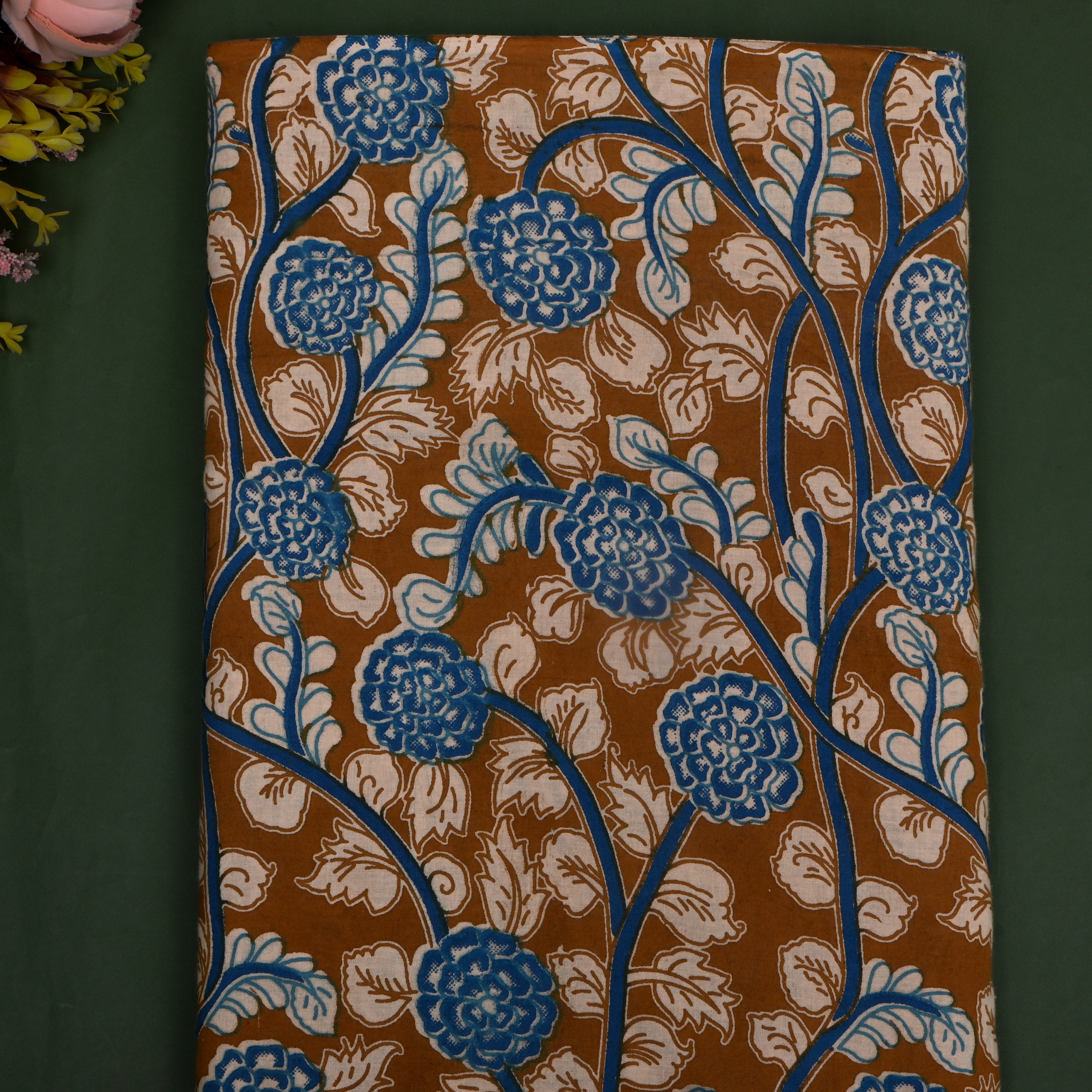 Earthy Green Kalamkari Printed Cotton Fabric