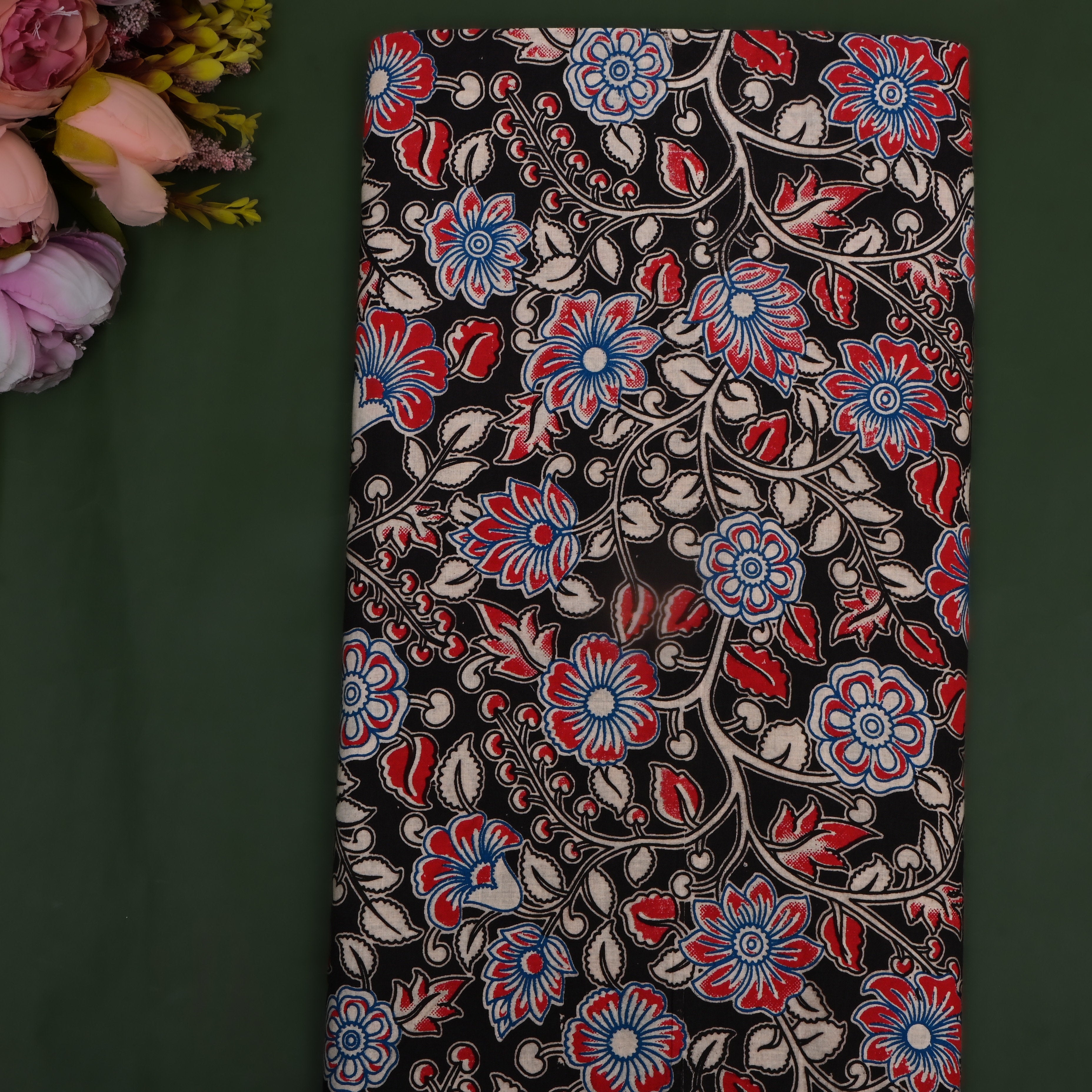 Black Kalamkari Printed Cotton Fabric