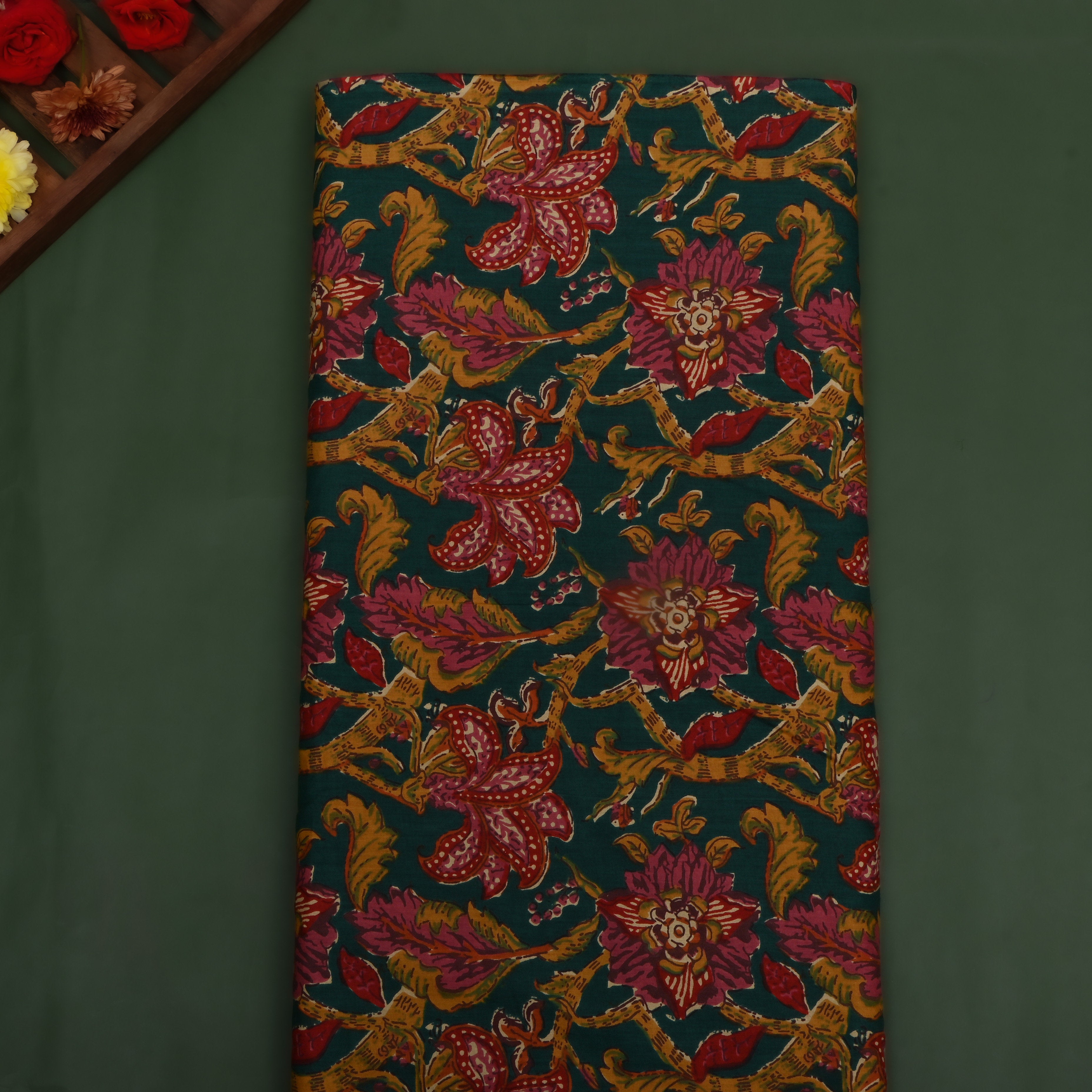 Dark Teal Blue Floral Printed Cotton Fabric