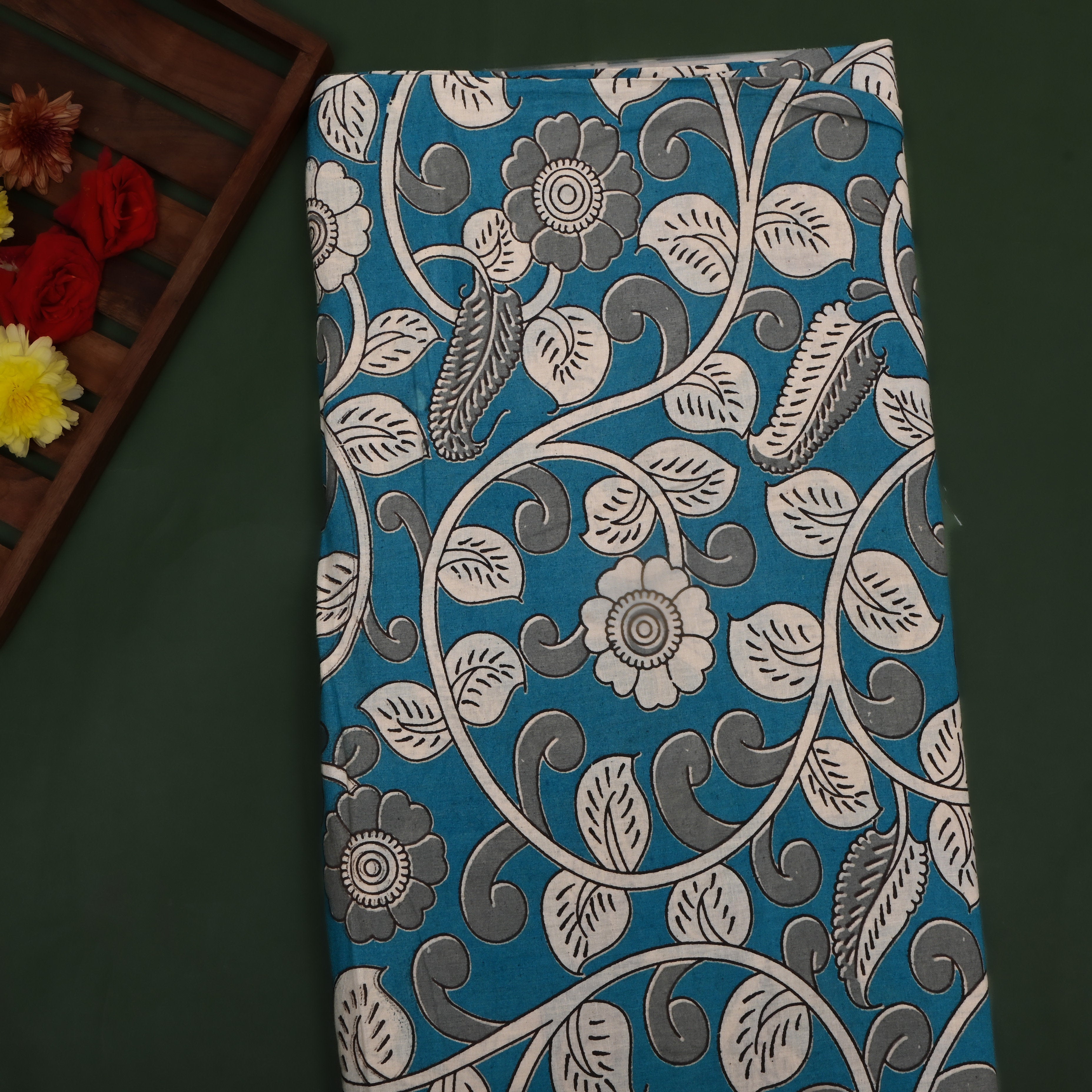 Teal Blue Kalamkari Printed Cotton Fabric