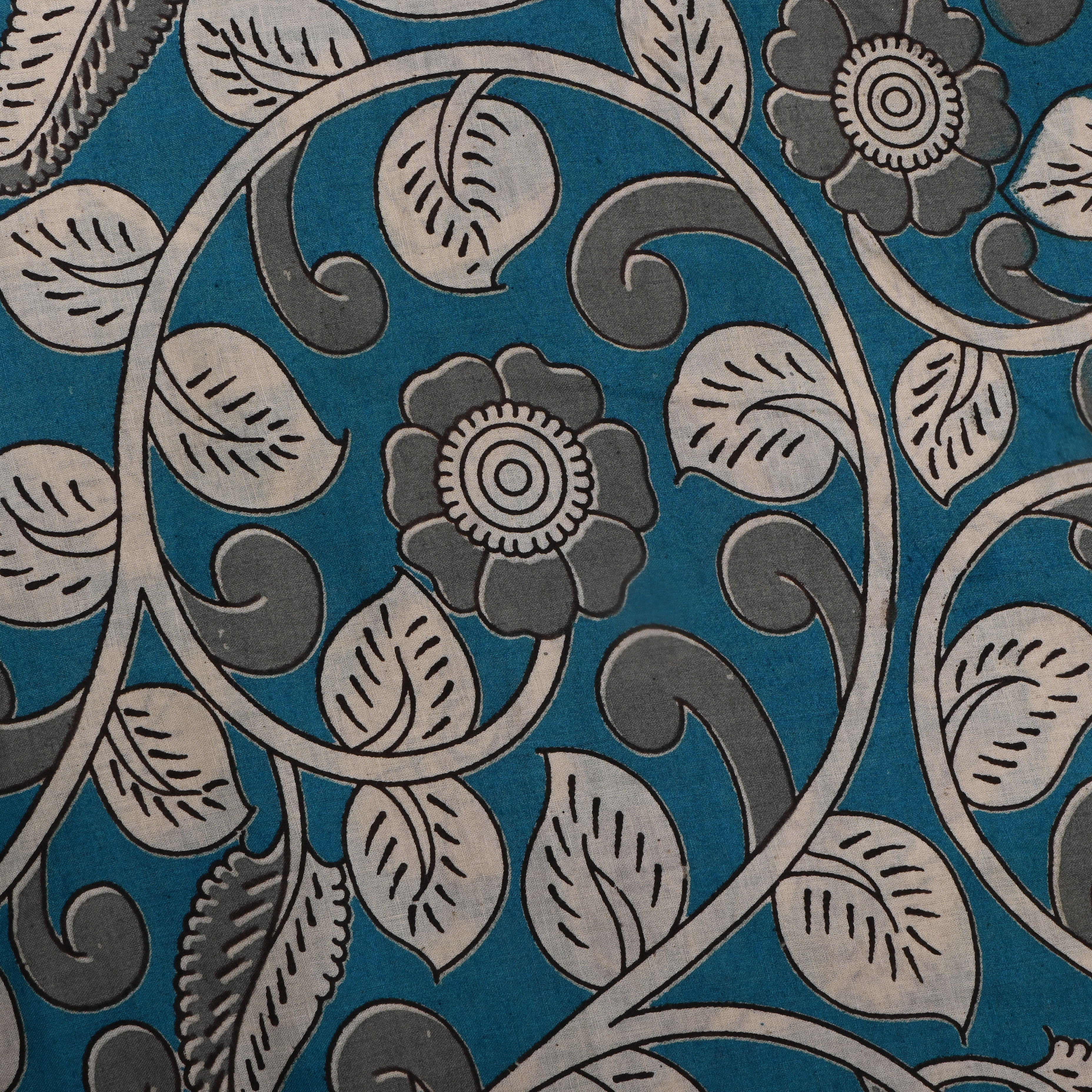 Teal Blue Kalamkari Printed Cotton Fabric