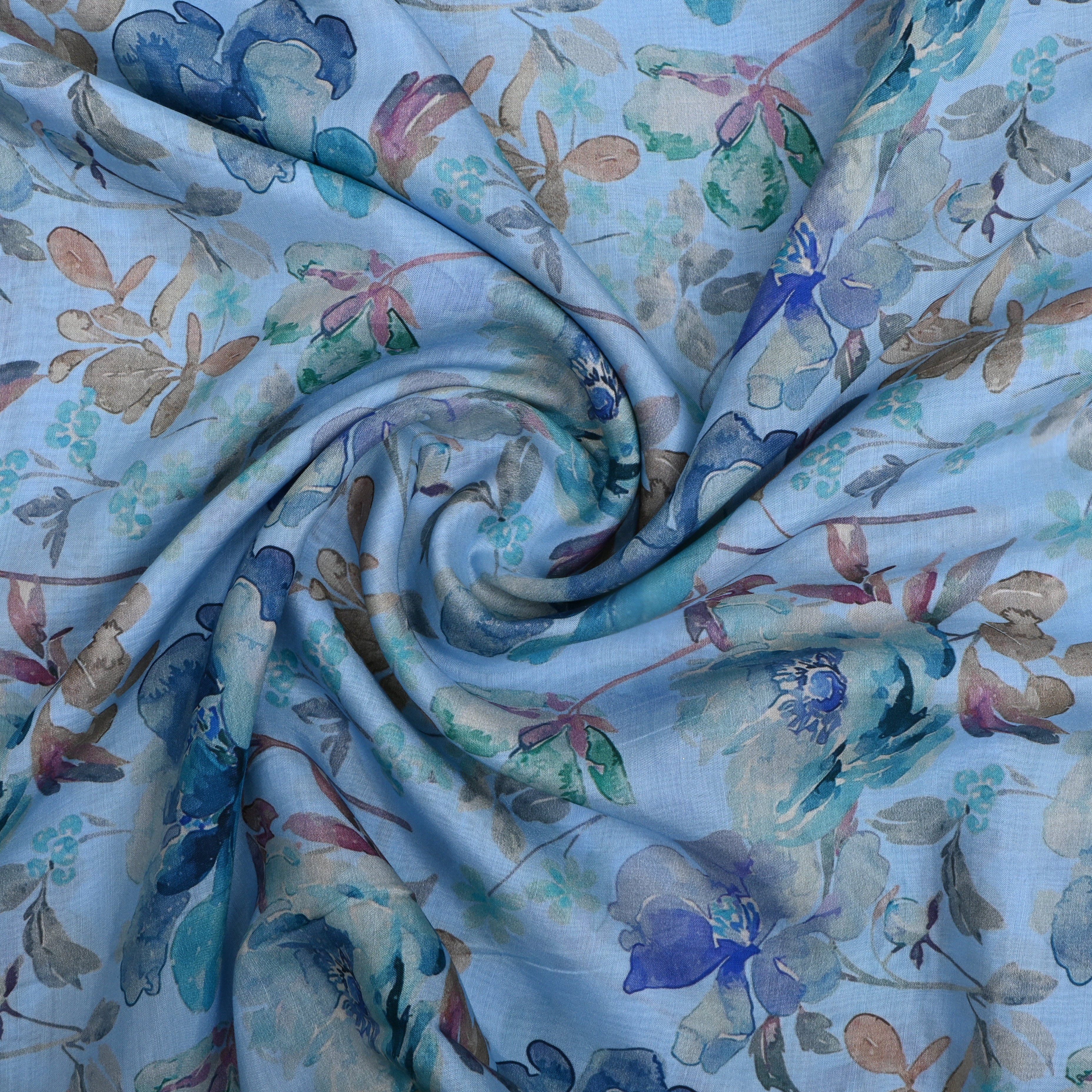 Baby Blue Floral Printed Silk Fabric