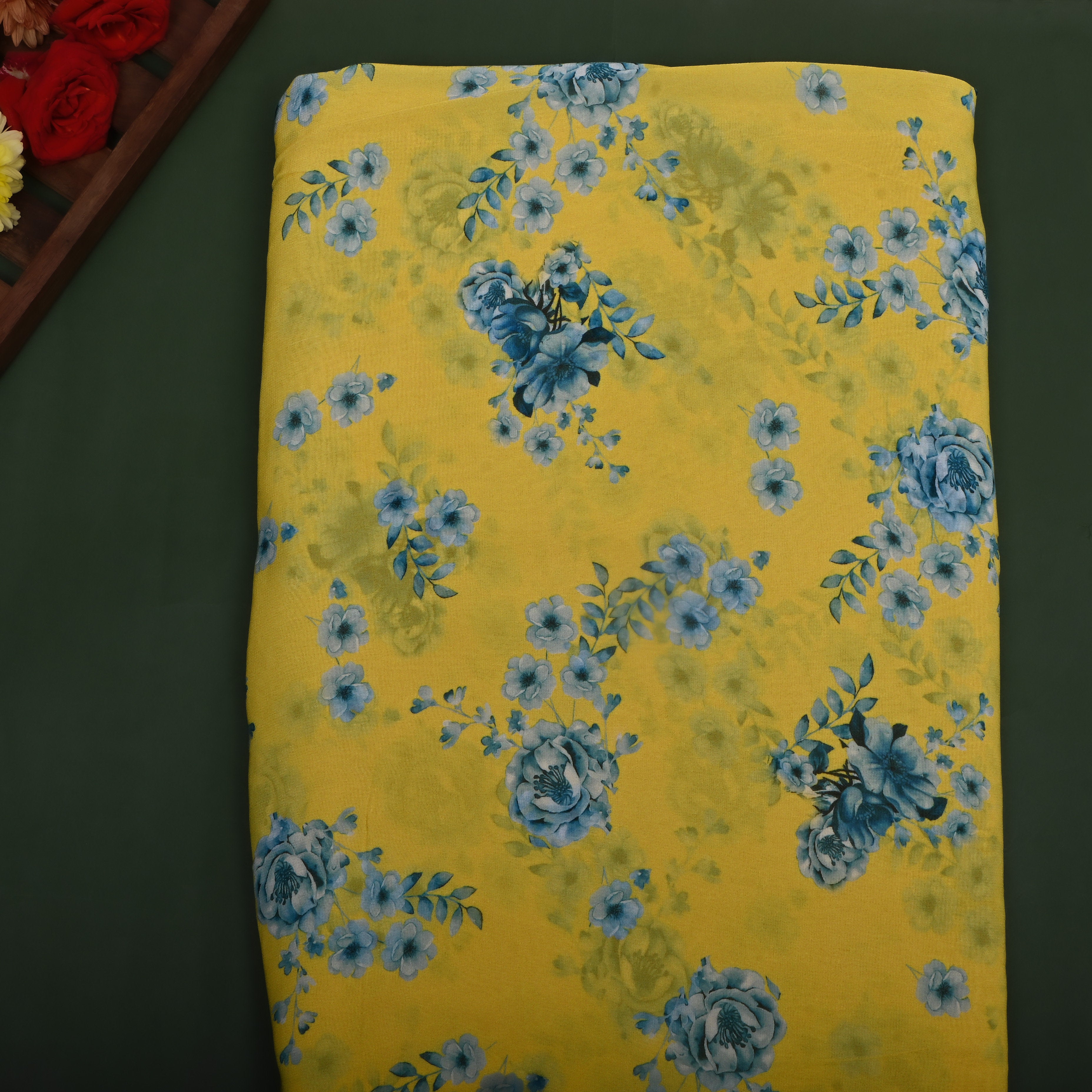 Lemon Yellow Floral Printed Chiffon Fabric
