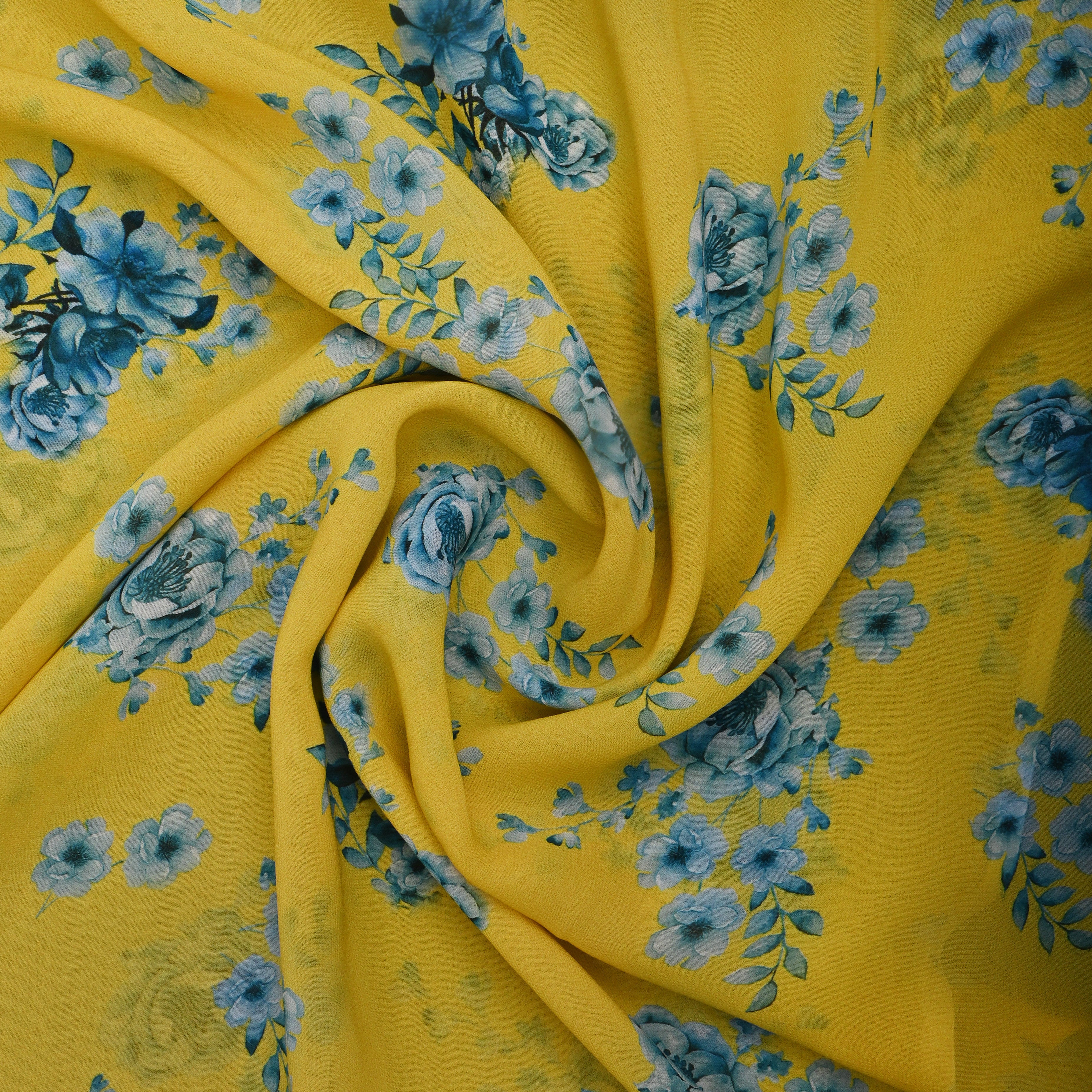 Lemon Yellow Floral Printed Chiffon Fabric