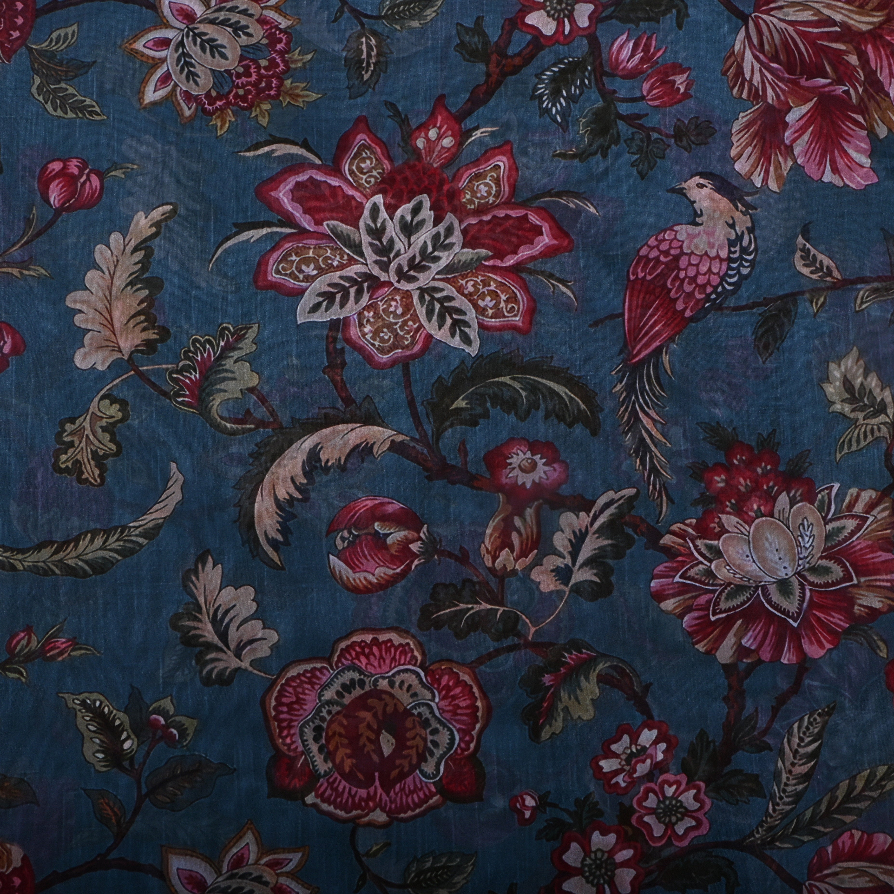 Teal Blue Printed Floral Silk Fabric