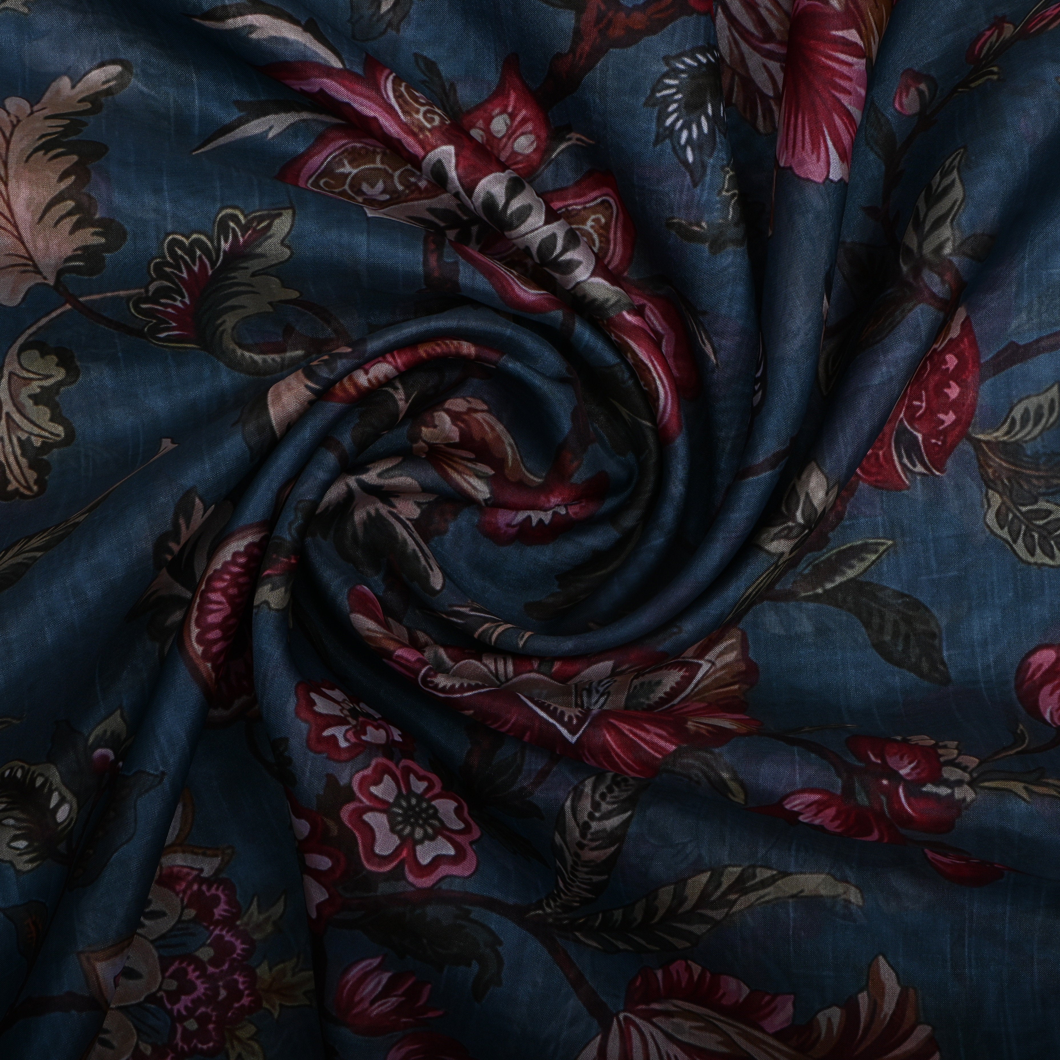 Teal Blue Printed Floral Silk Fabric