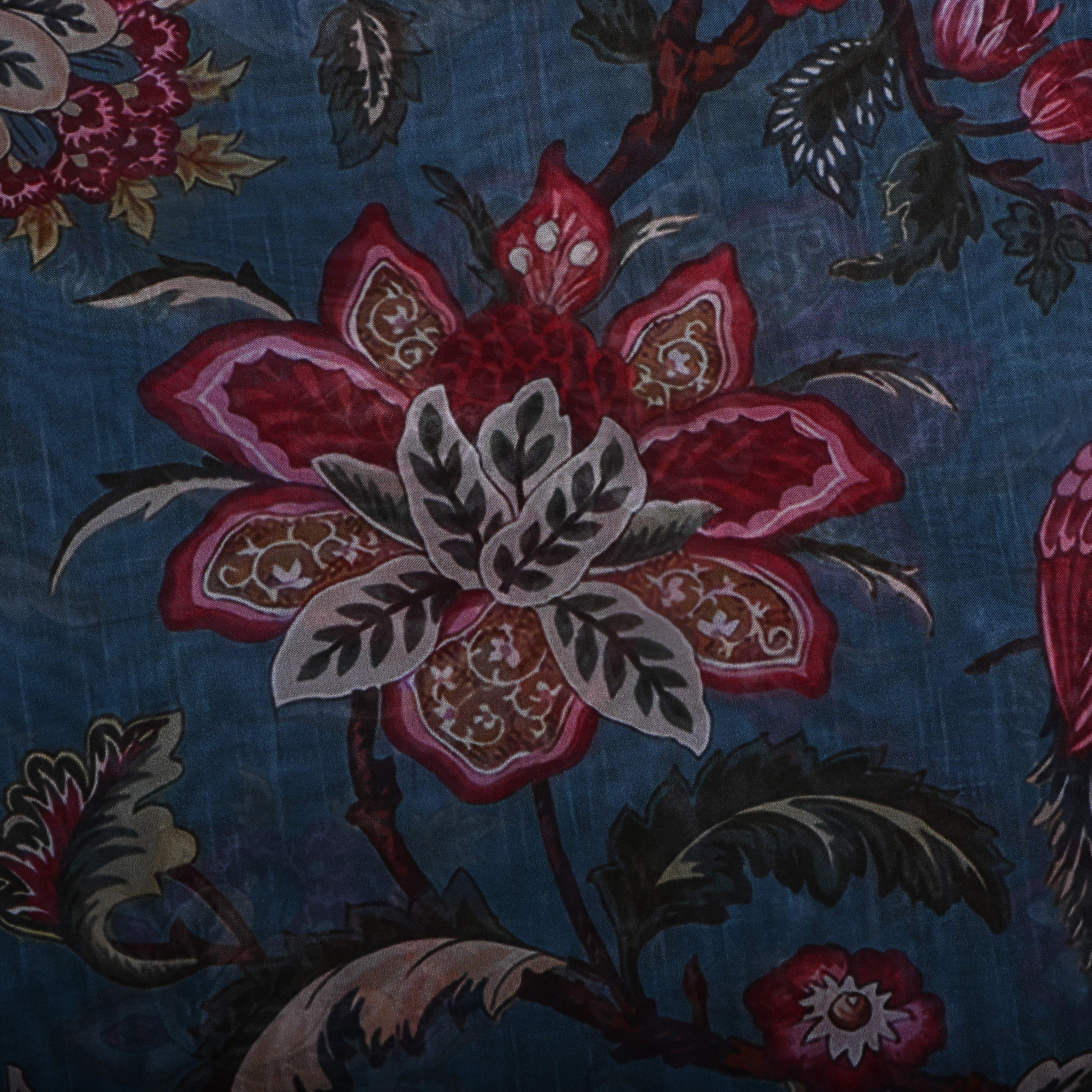 Teal Blue Printed Floral Silk Fabric