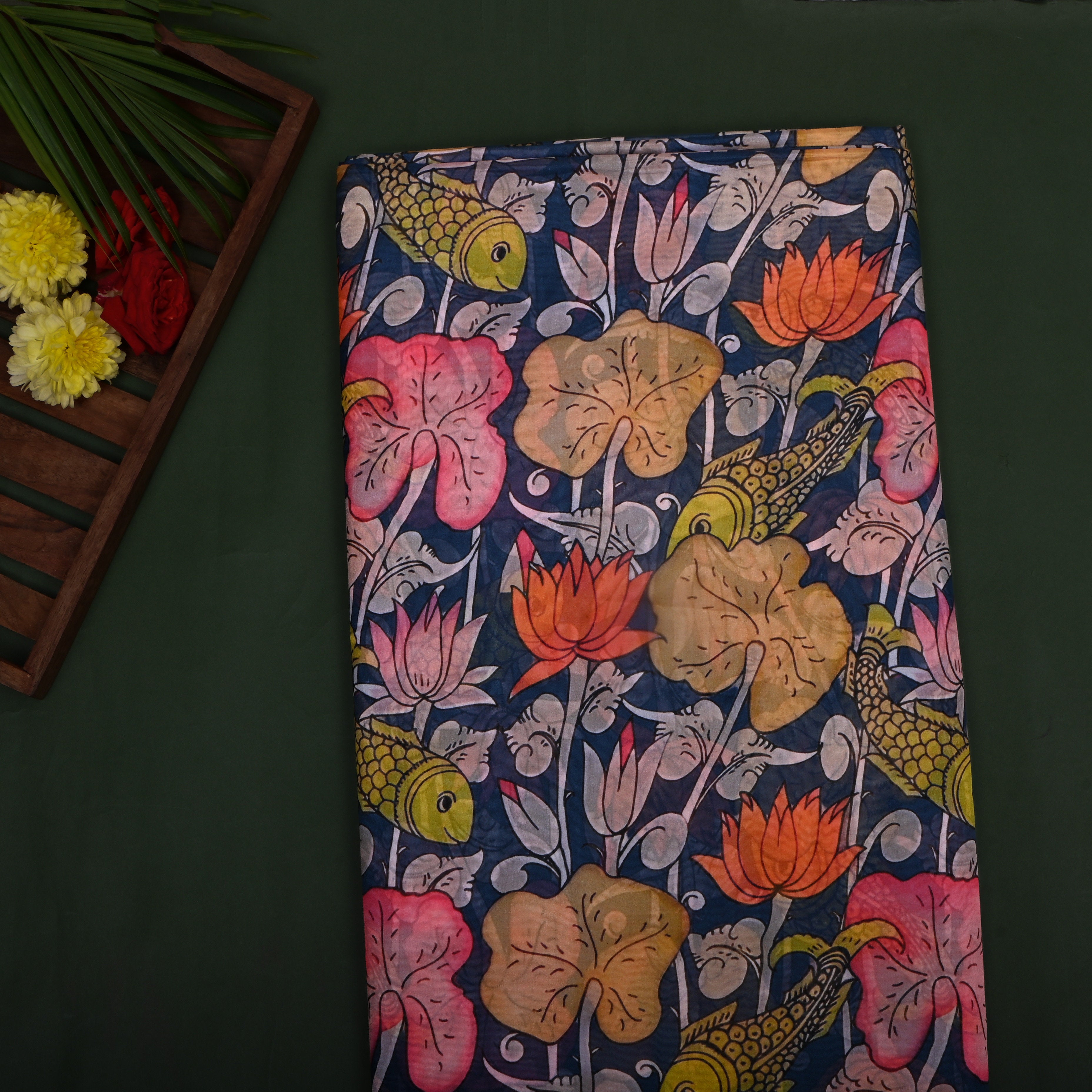 Navy Blue Printed Silk Fabric