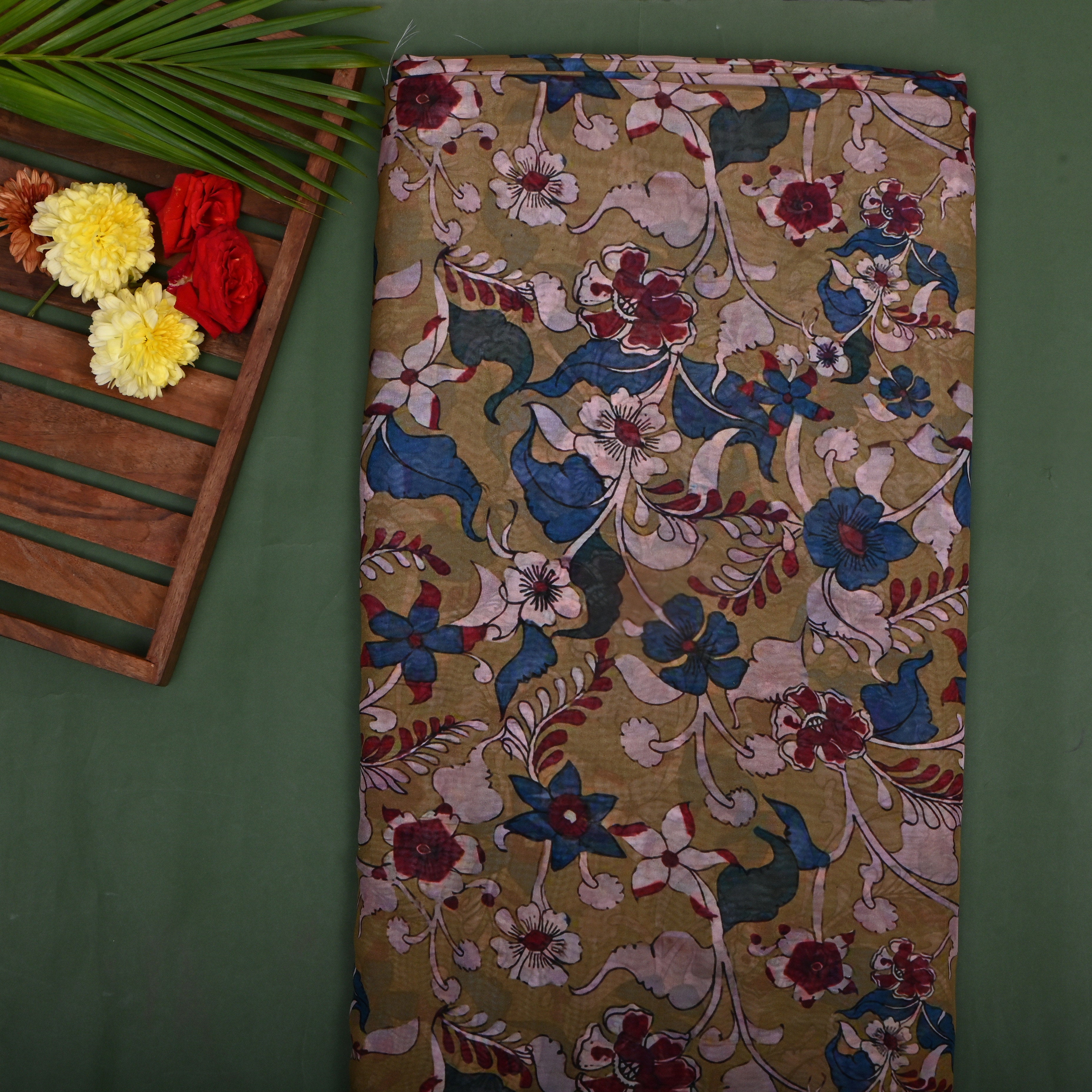 Earthy Green Floral Printed Silk Fabric