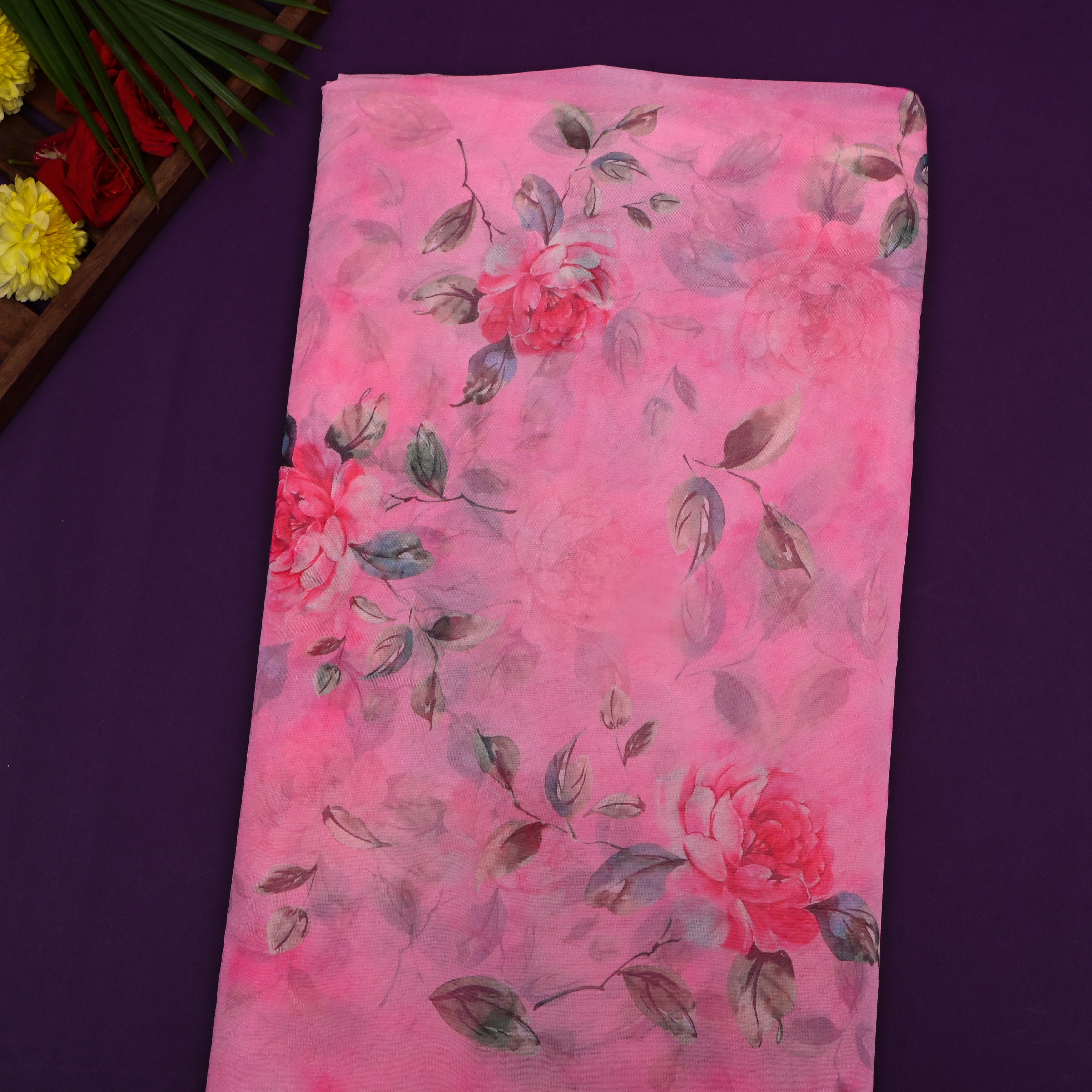 Pastel Pink Floral Printed Organza Fabric