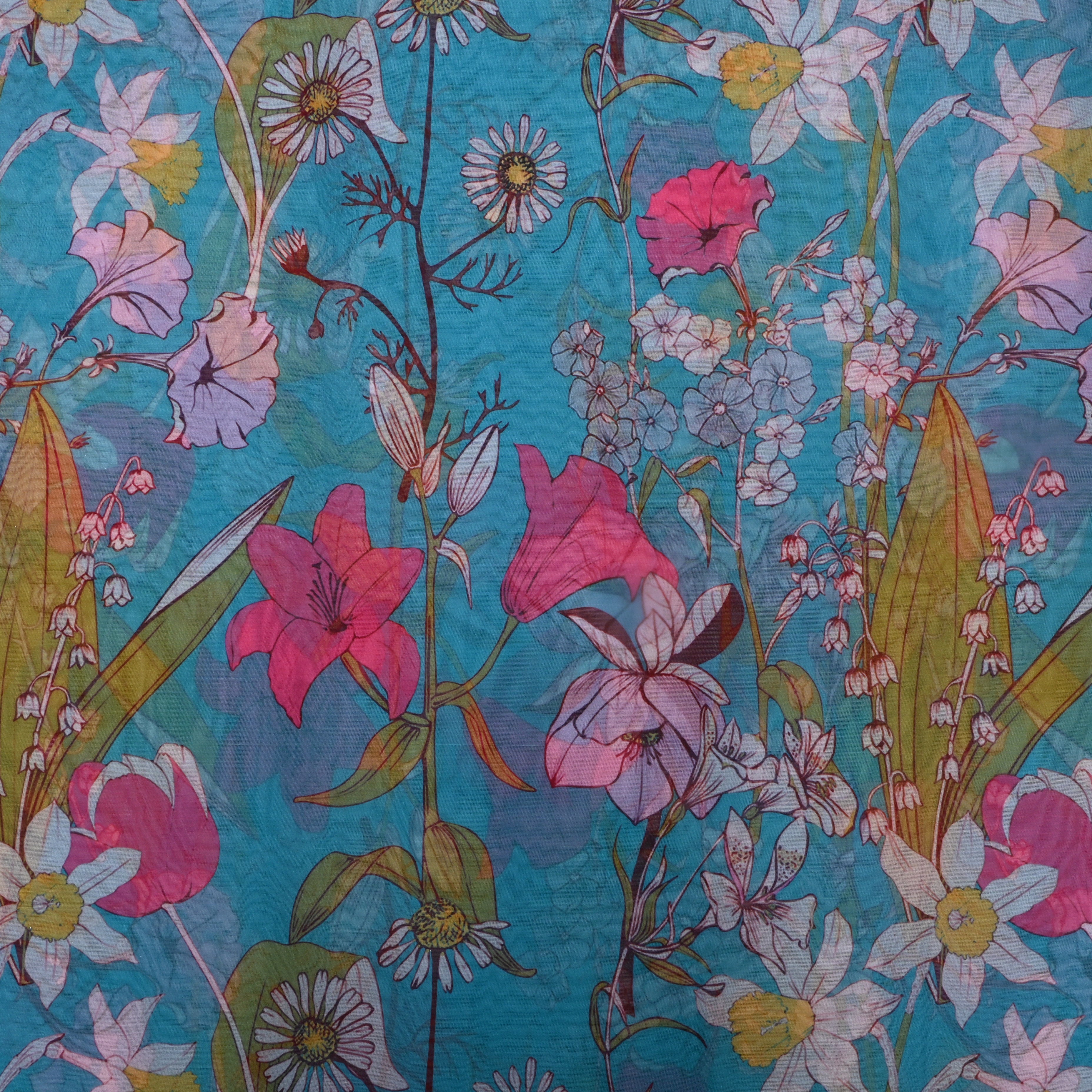 Light Sky Blue Floral Printed Organza Fabric