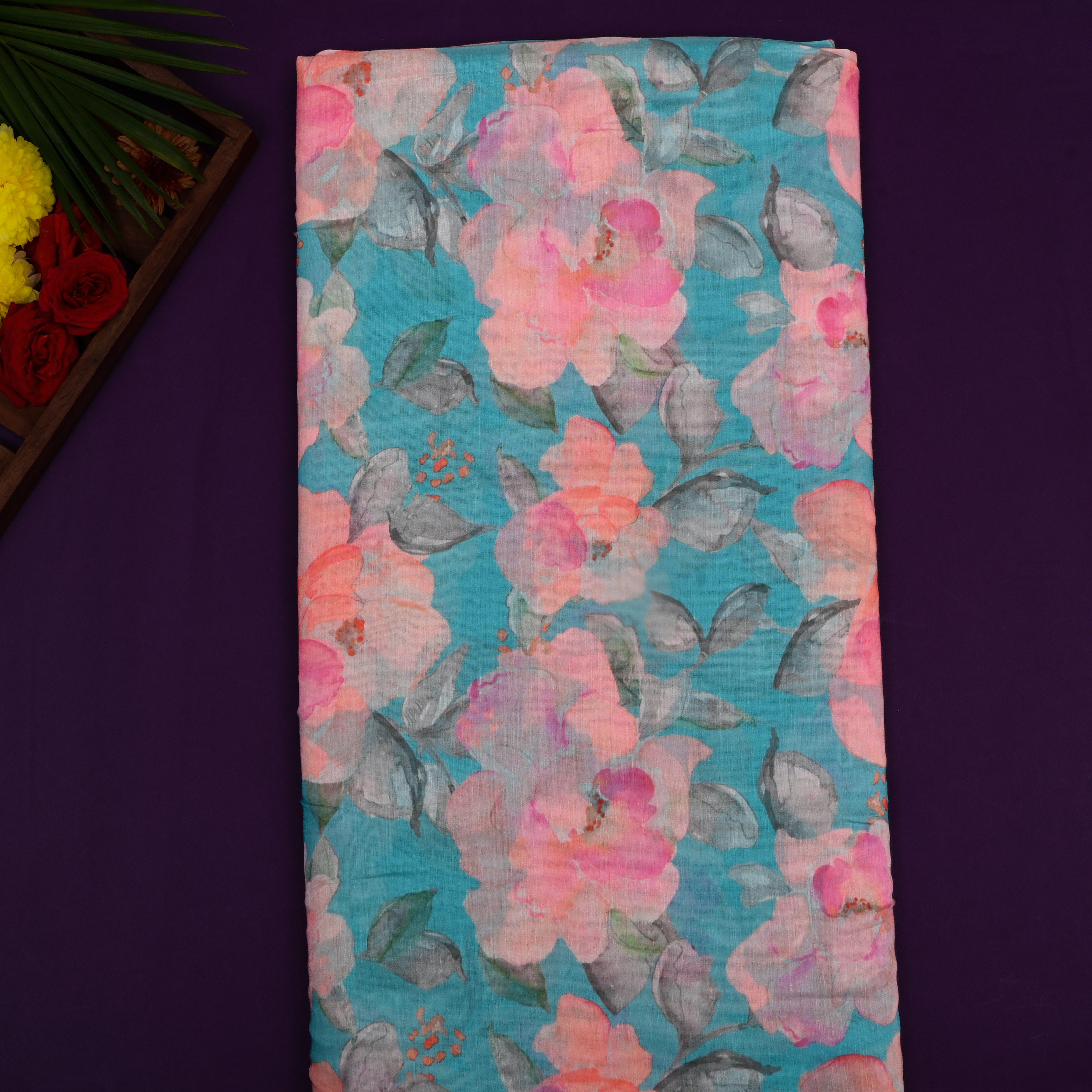 Aqua Blue Floral Printed Chanderi Fabric