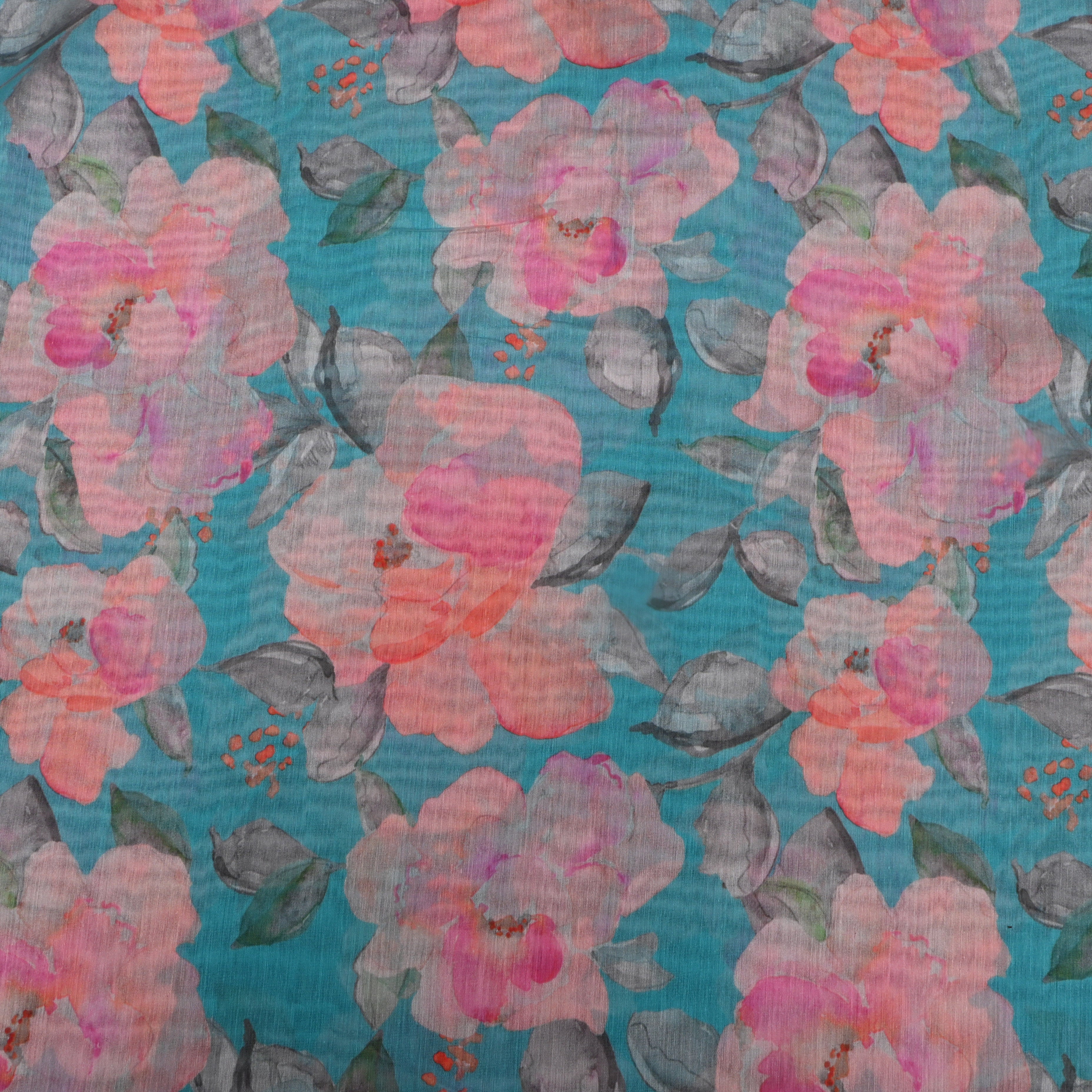 Aqua Blue Floral Printed Chanderi Fabric