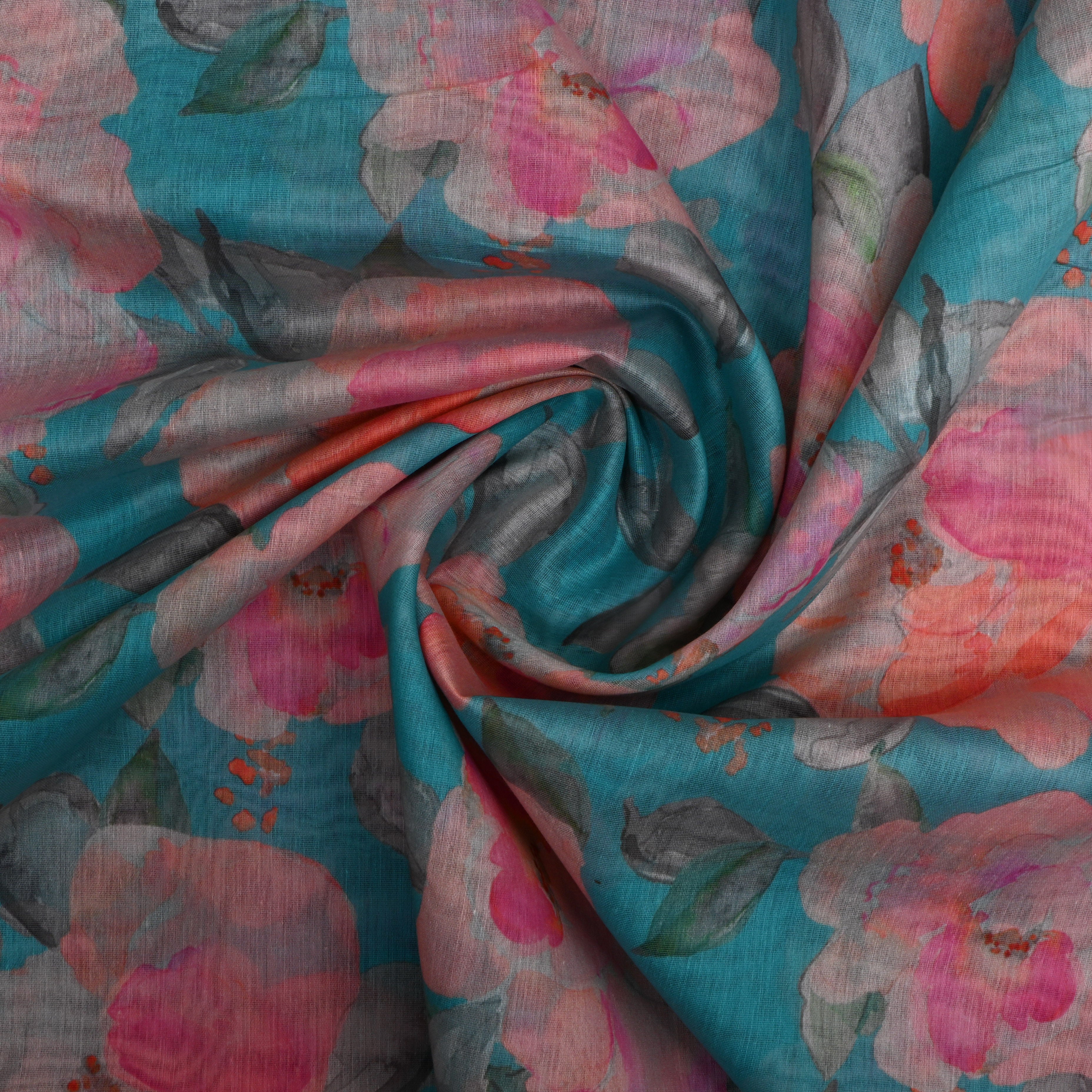 Aqua Blue Floral Printed Chanderi Fabric