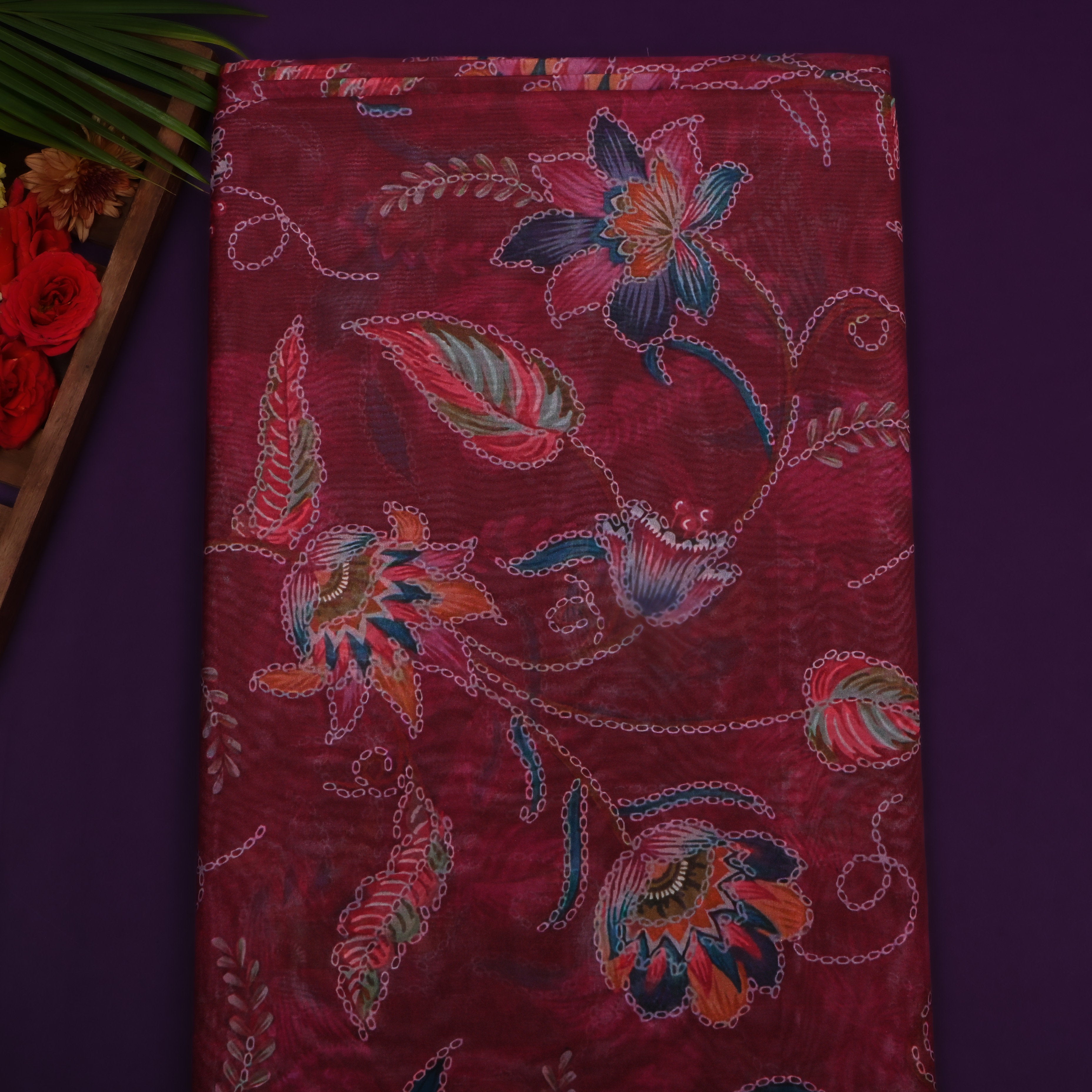 Dark Burgundy Floral Printed Silk Fabric