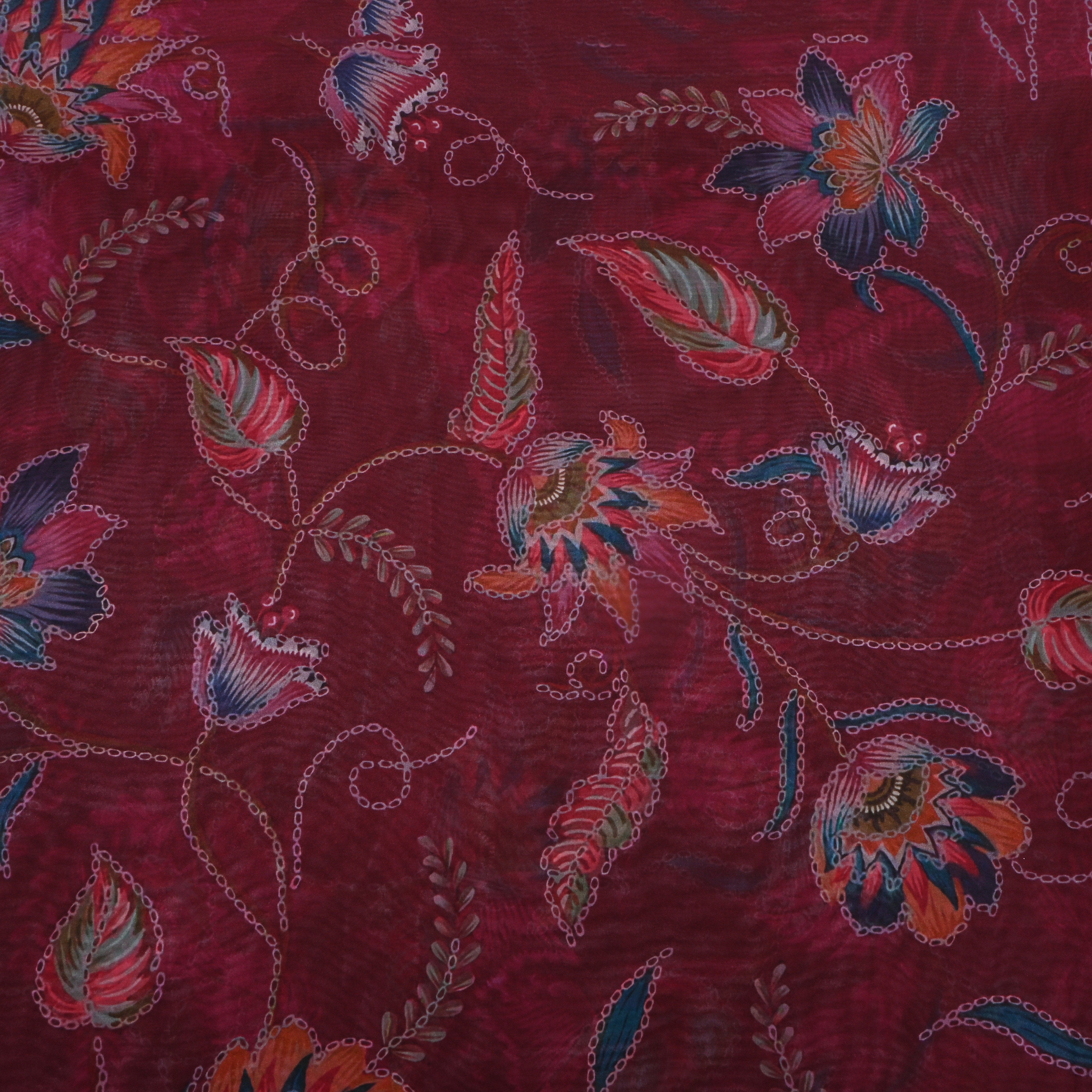 Dark Burgundy Floral Printed Silk Fabric