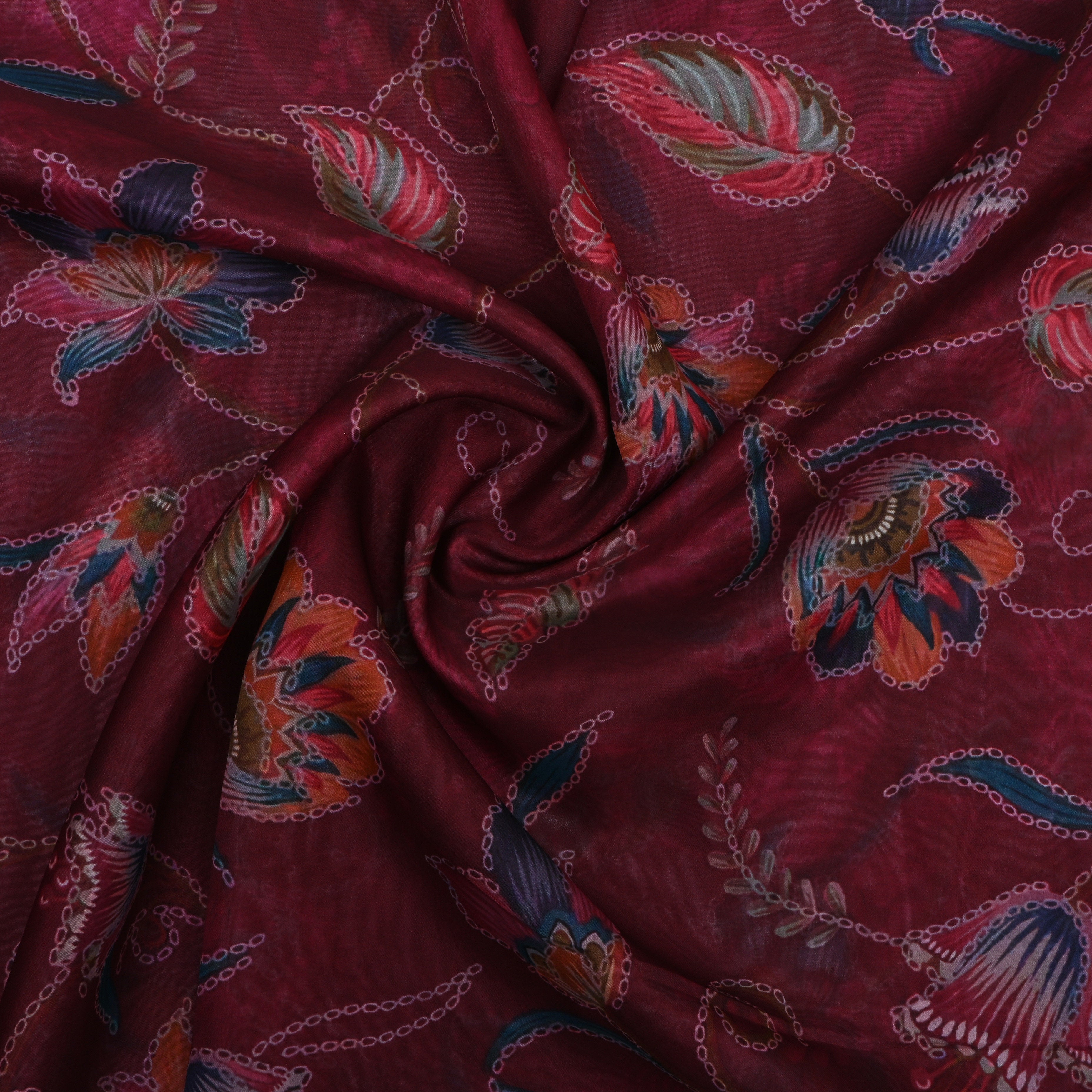 Dark Burgundy Floral Printed Silk Fabric