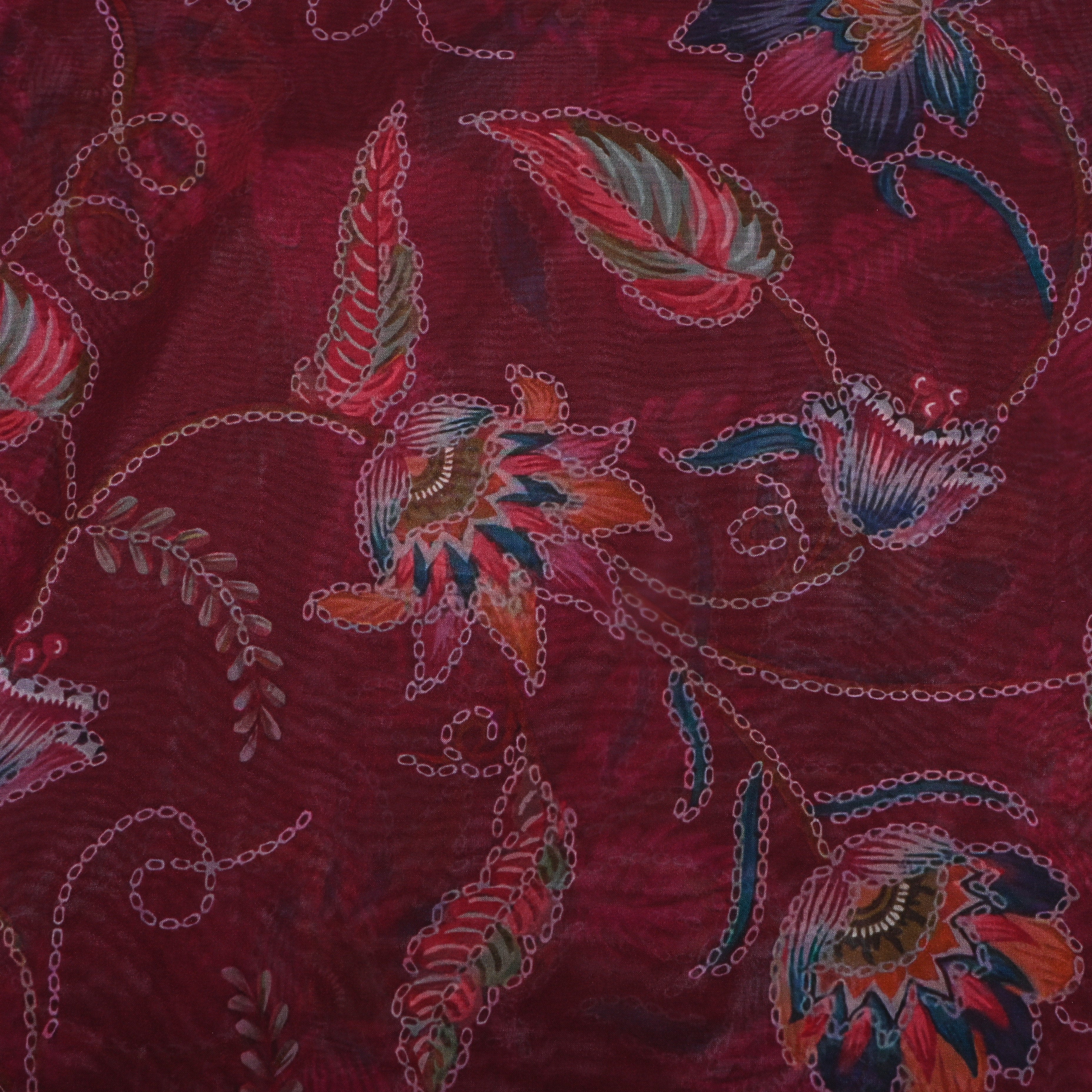 Dark Burgundy Floral Printed Silk Fabric