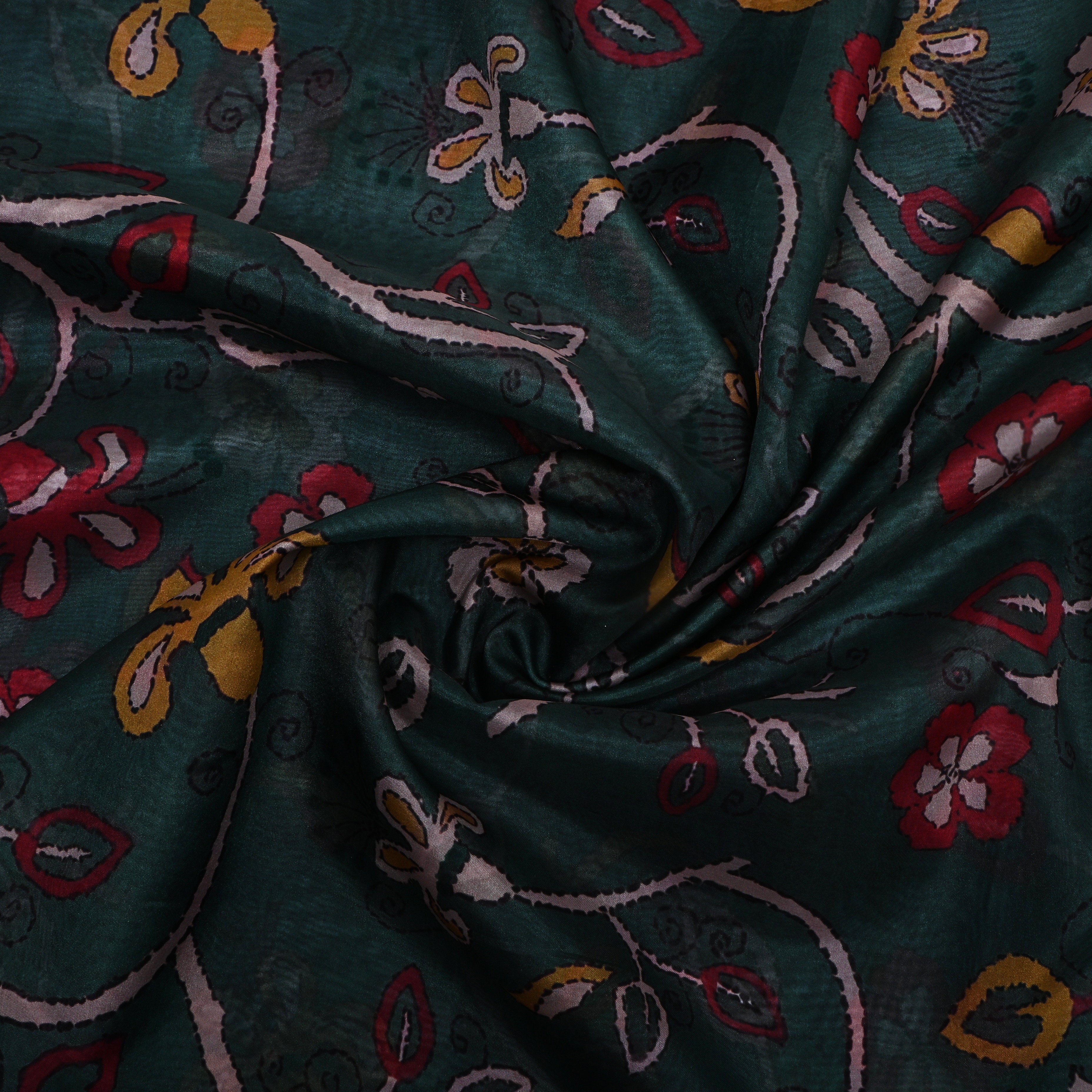 Dark Green Floral Printed Silk Fabric
