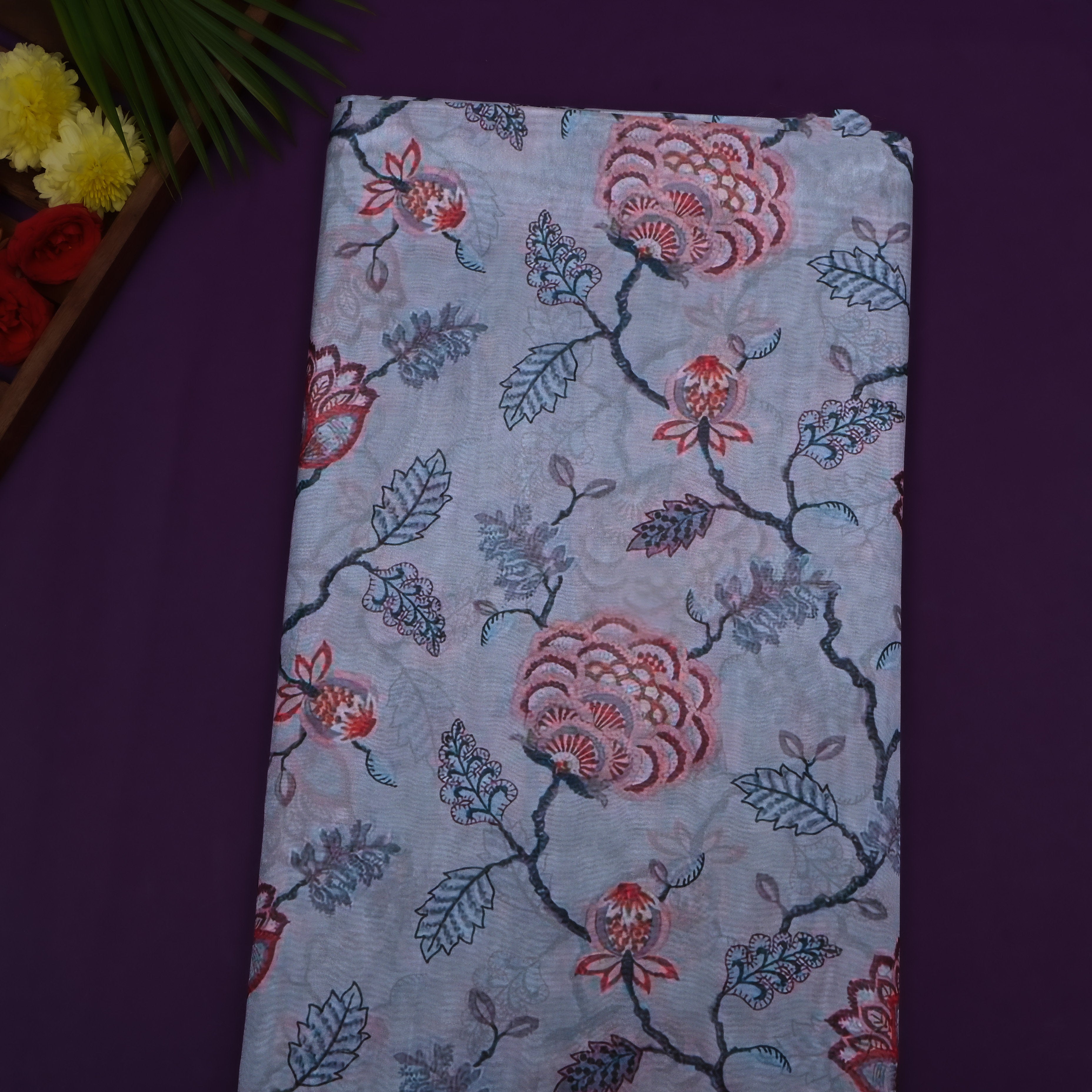 Blue Grey Floral Printed Silk Fabric