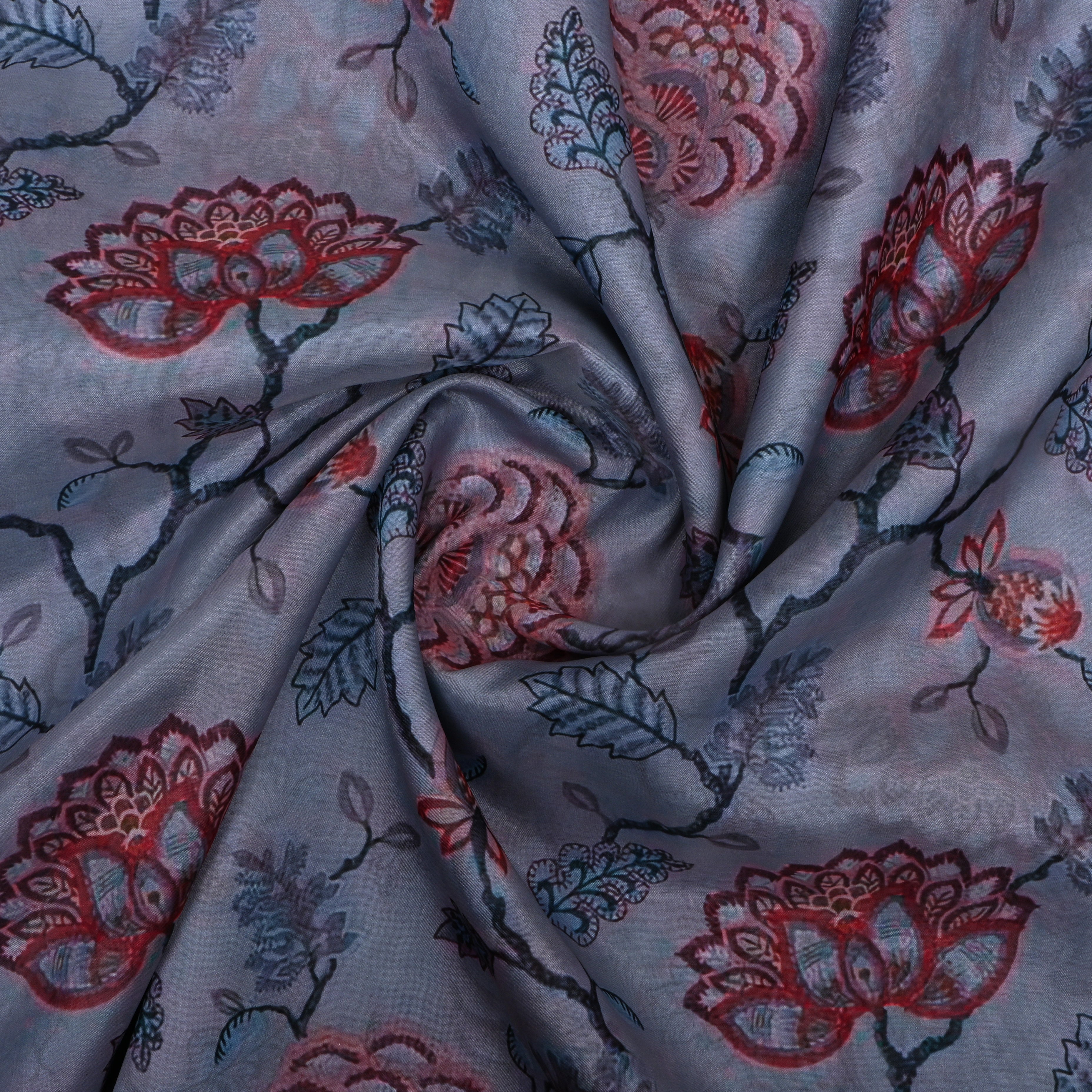 Blue Grey Floral Printed Silk Fabric