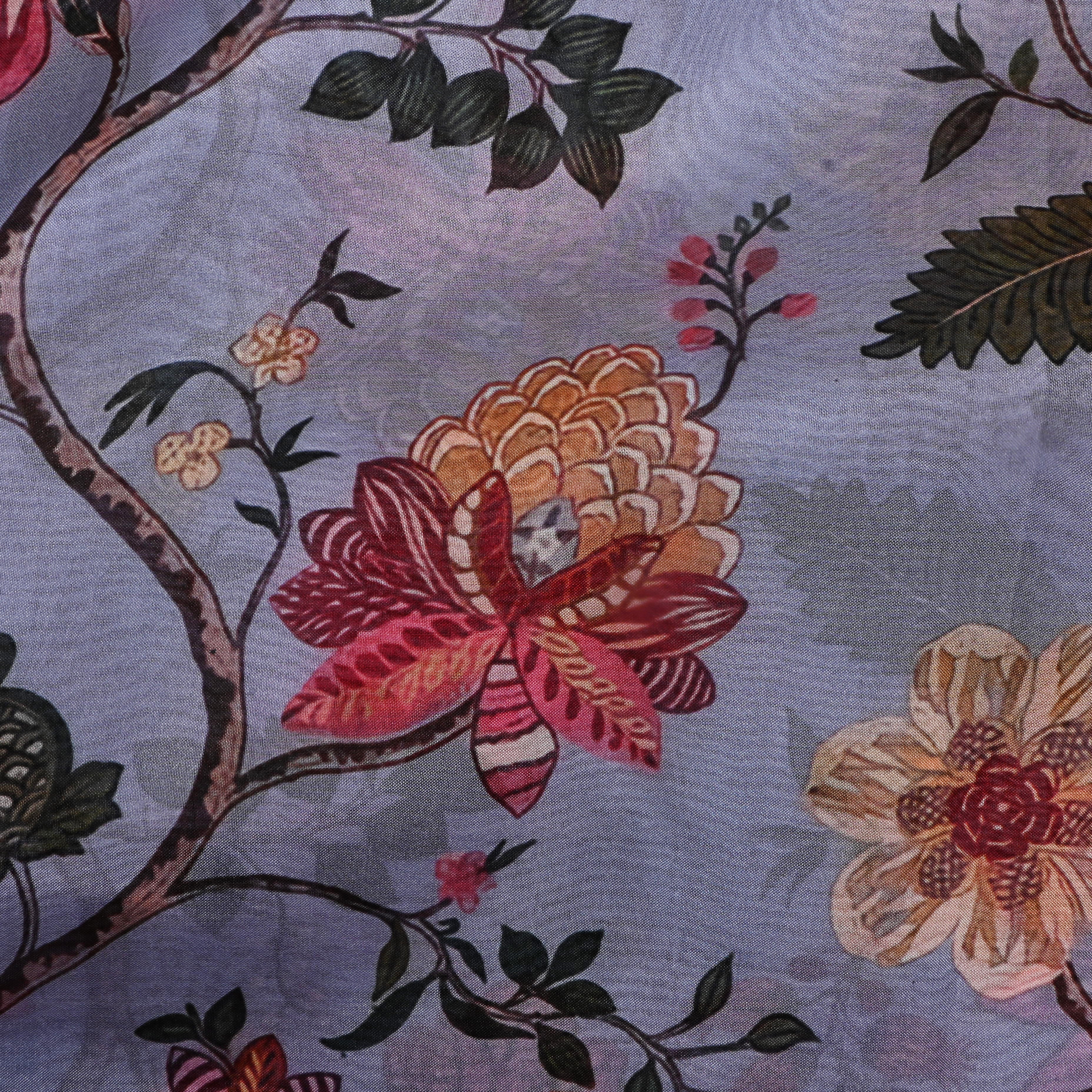 Cool Grey Printed Floral Silk Fabric