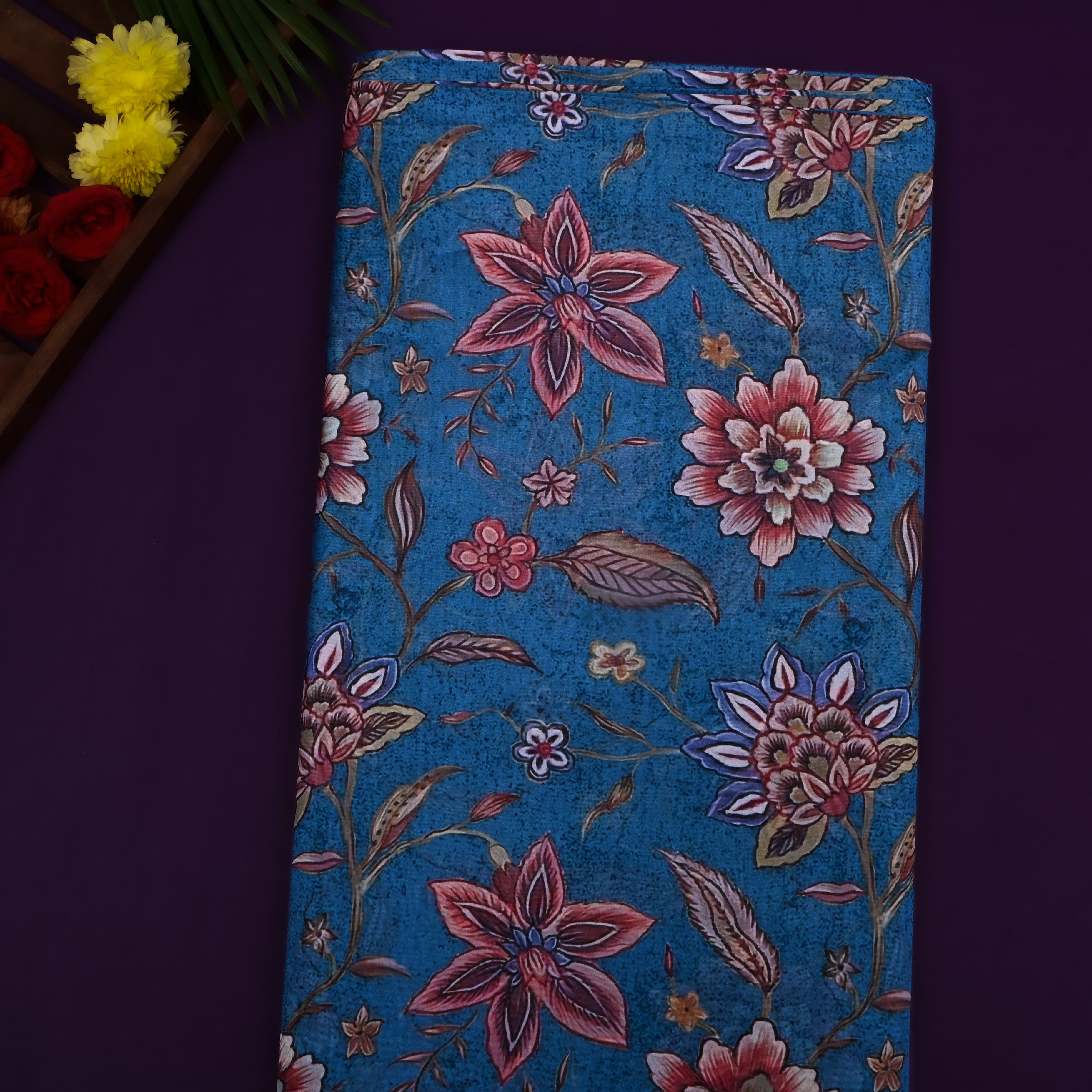 Cerulean Blue Floral Printed Silk Fabric