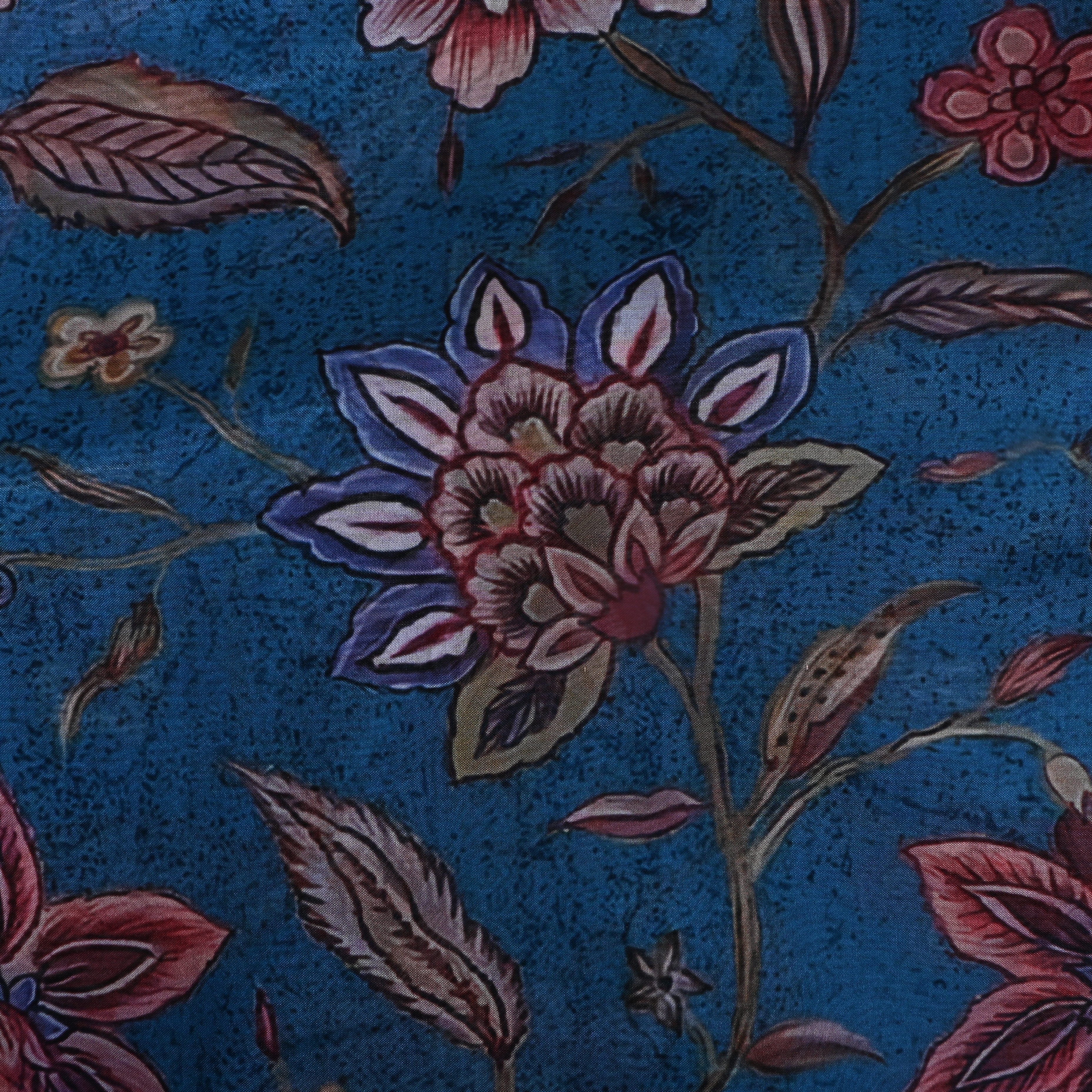 Cerulean Blue Floral Printed Silk Fabric