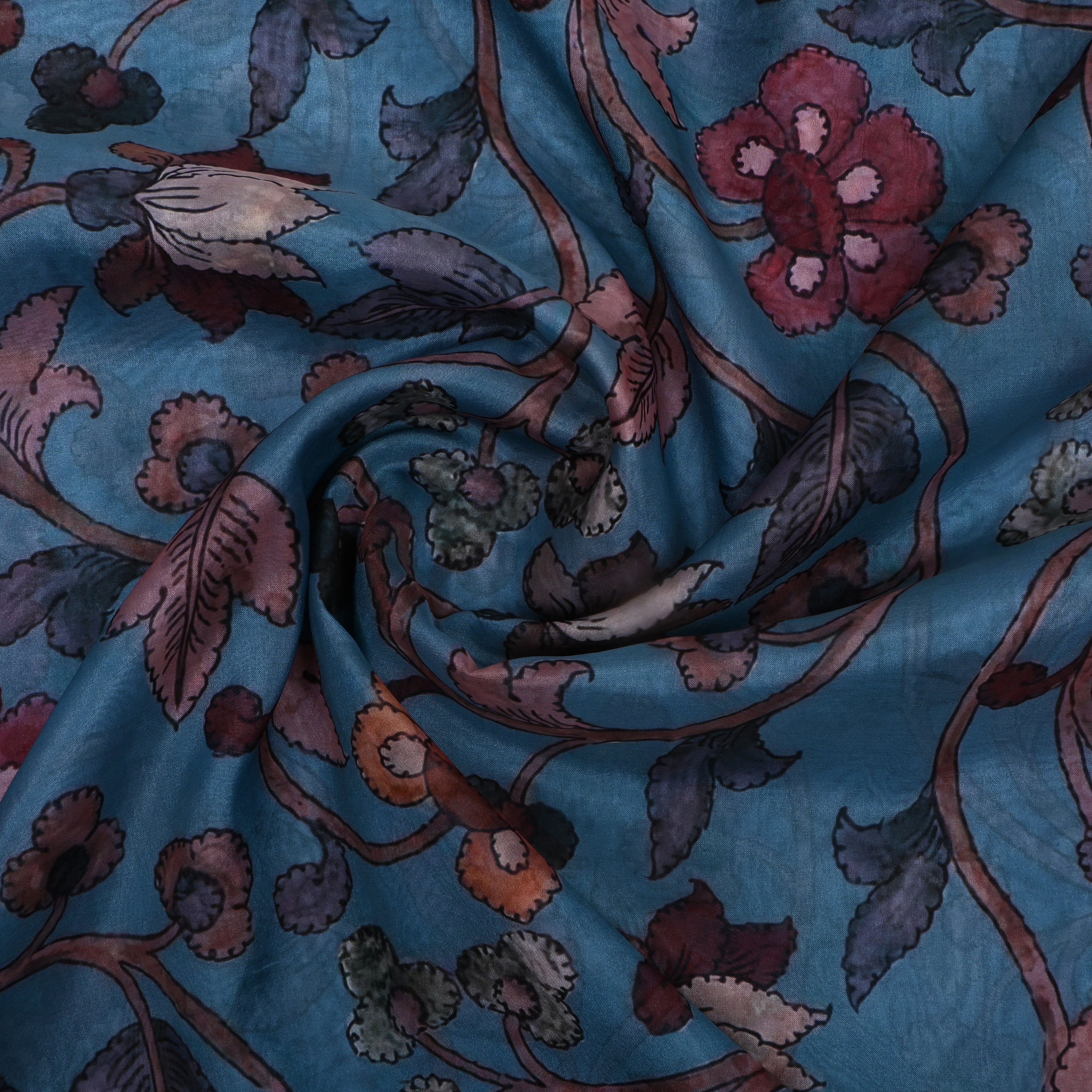 Dark Turquoise Blue Lotus Printed Silk Fabric