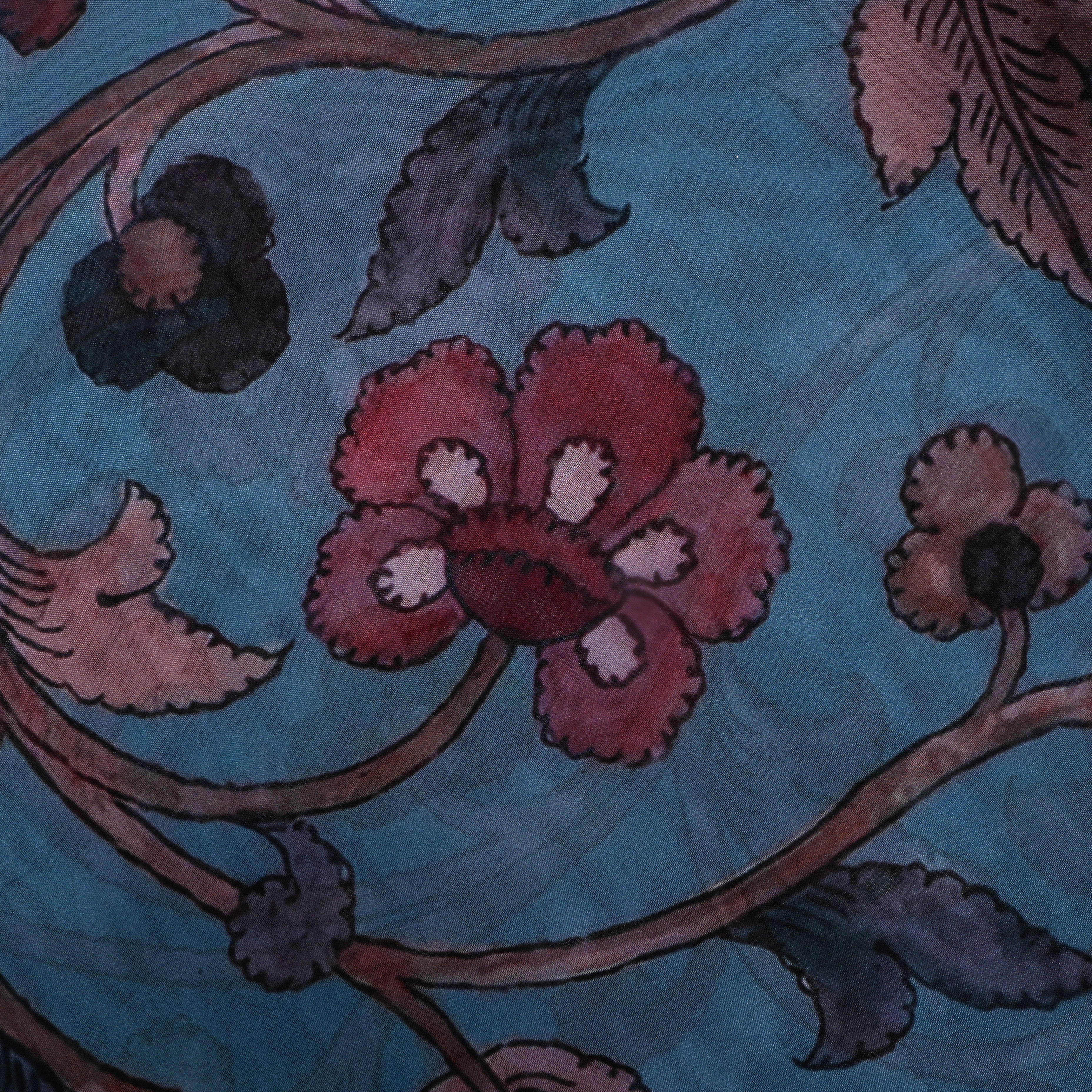 Dark Turquoise Blue Lotus Printed Silk Fabric