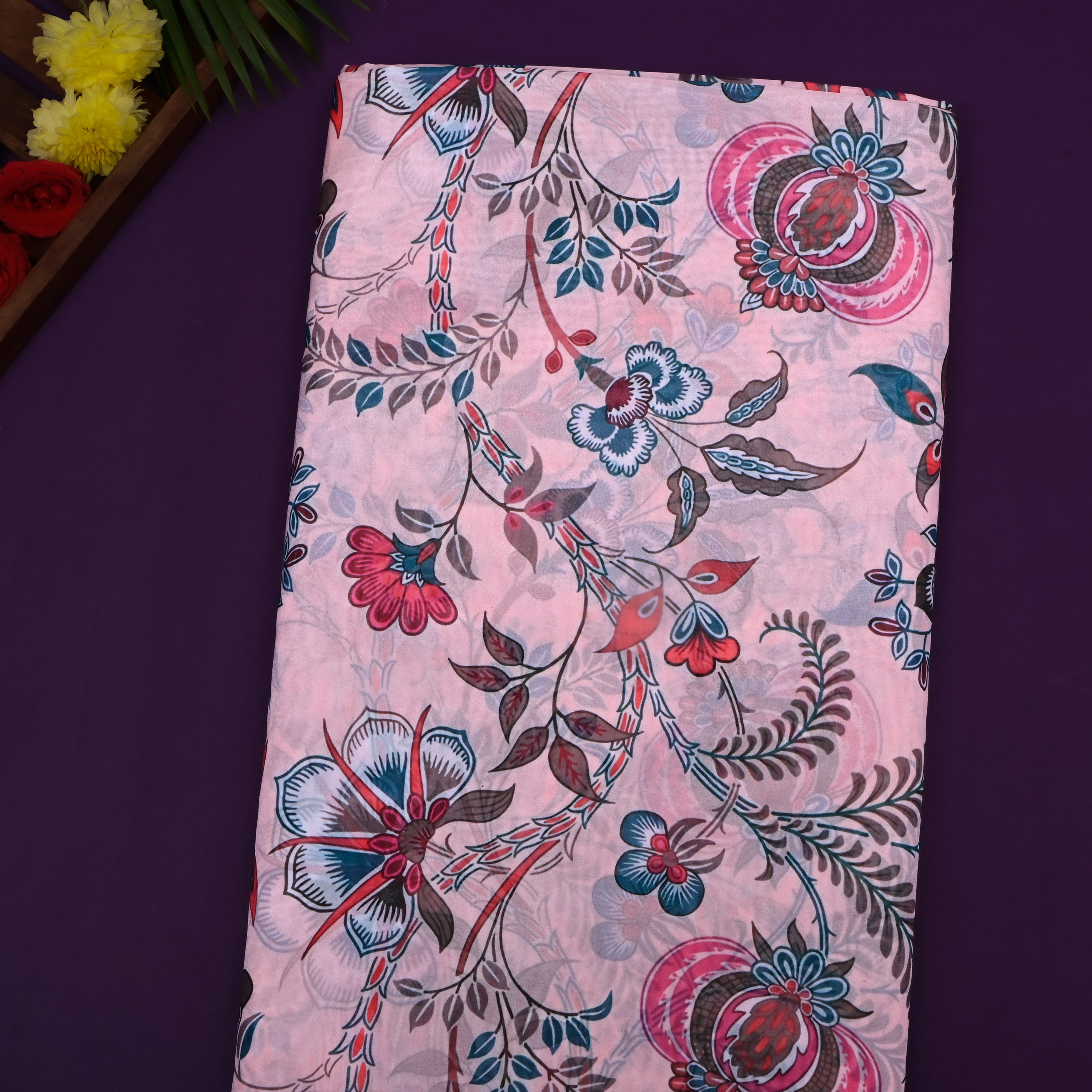 Pastel Pink Floral Printed Silk Fabric