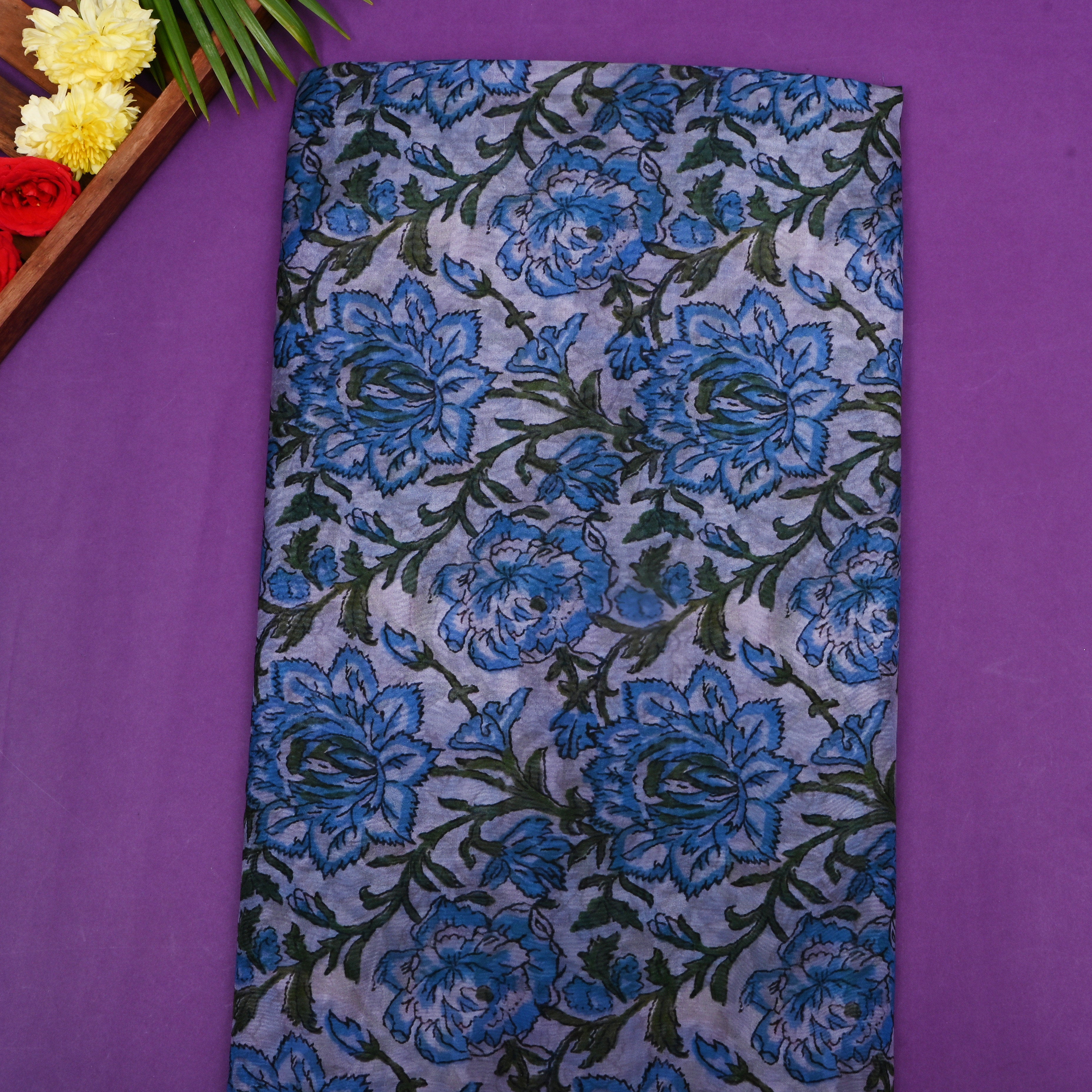 Bluish Off-White Floral Printed Silk Fabric