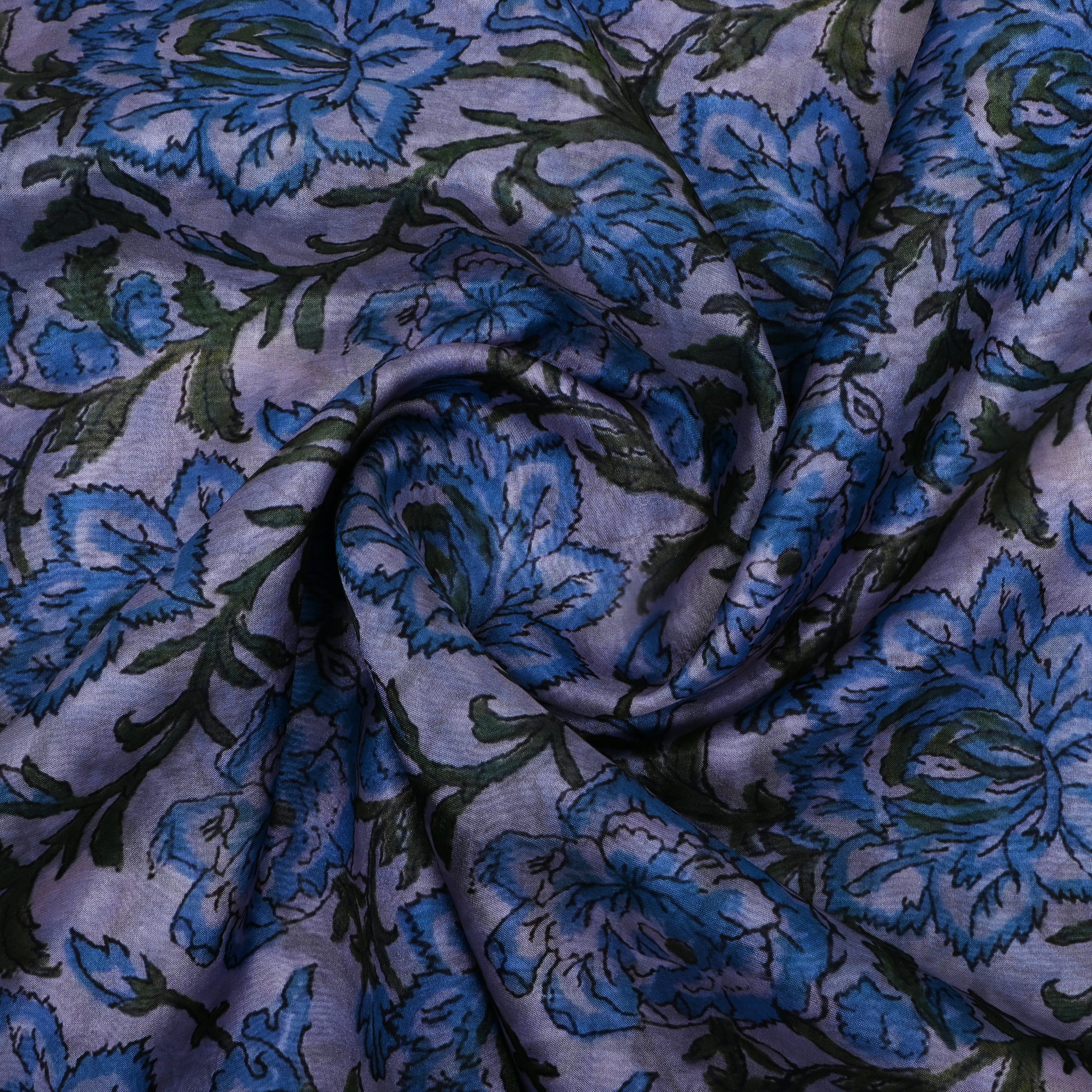 Bluish Off-White Floral Printed Silk Fabric