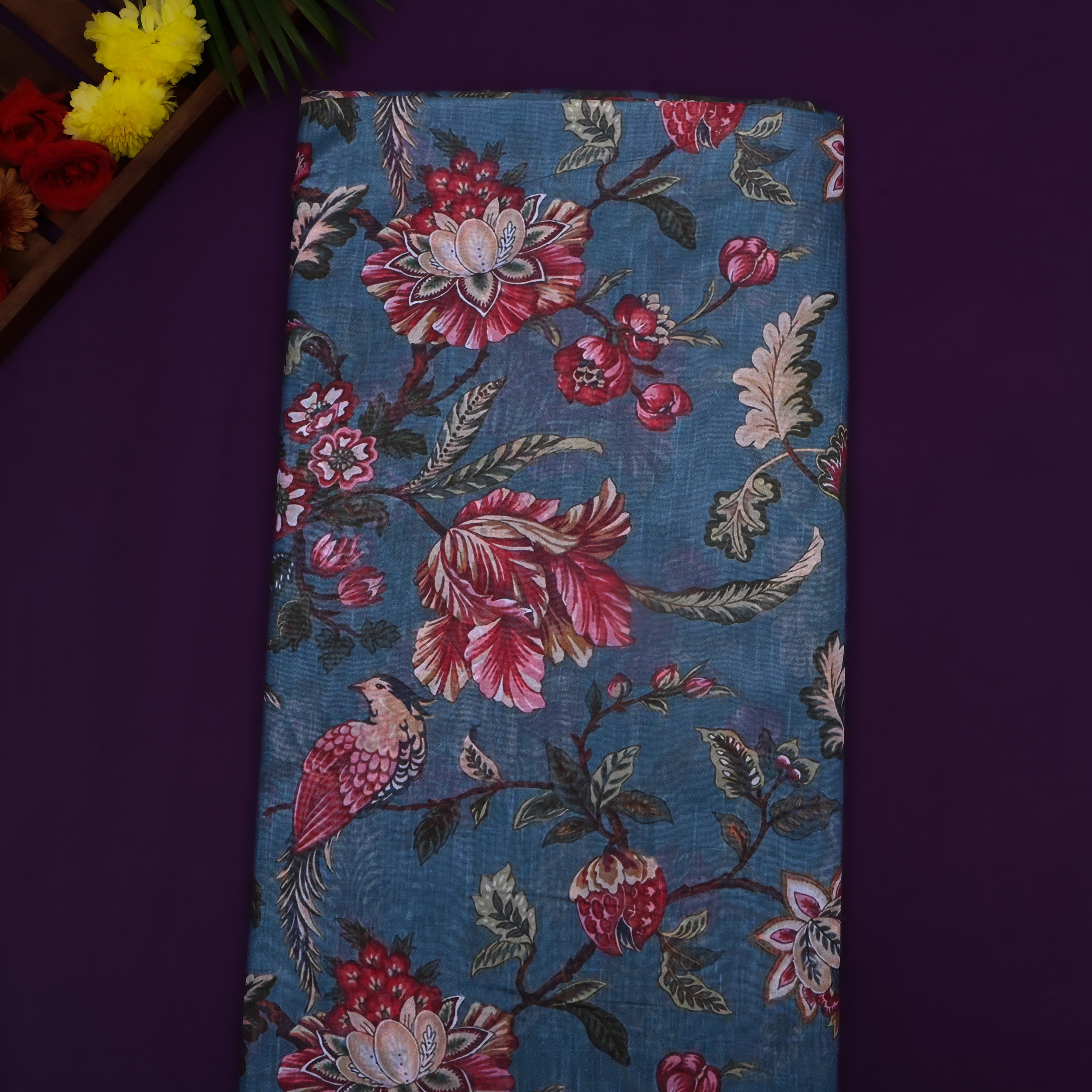 Teal Blue Printed Floral Silk Fabric