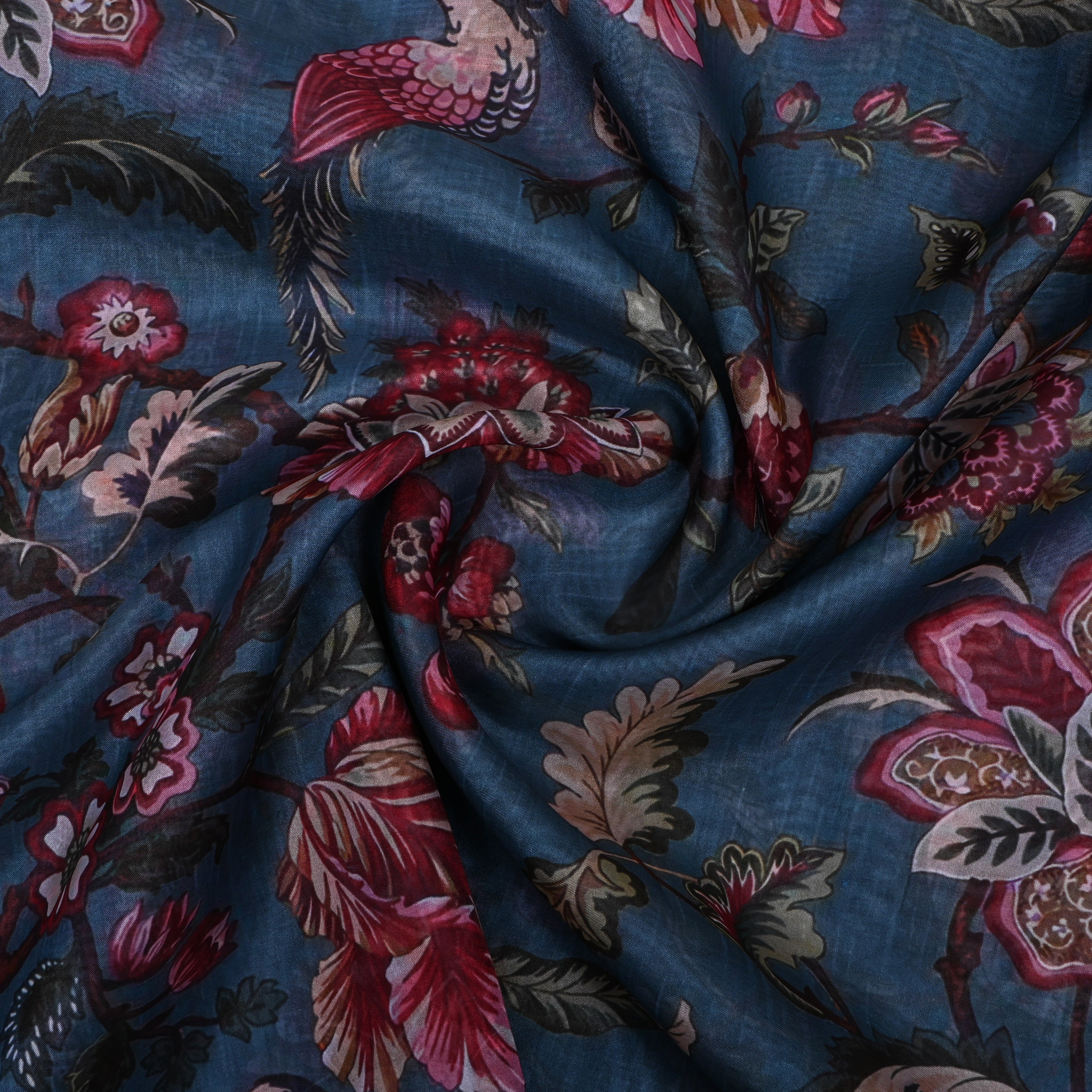 Teal Blue Printed Floral Silk Fabric