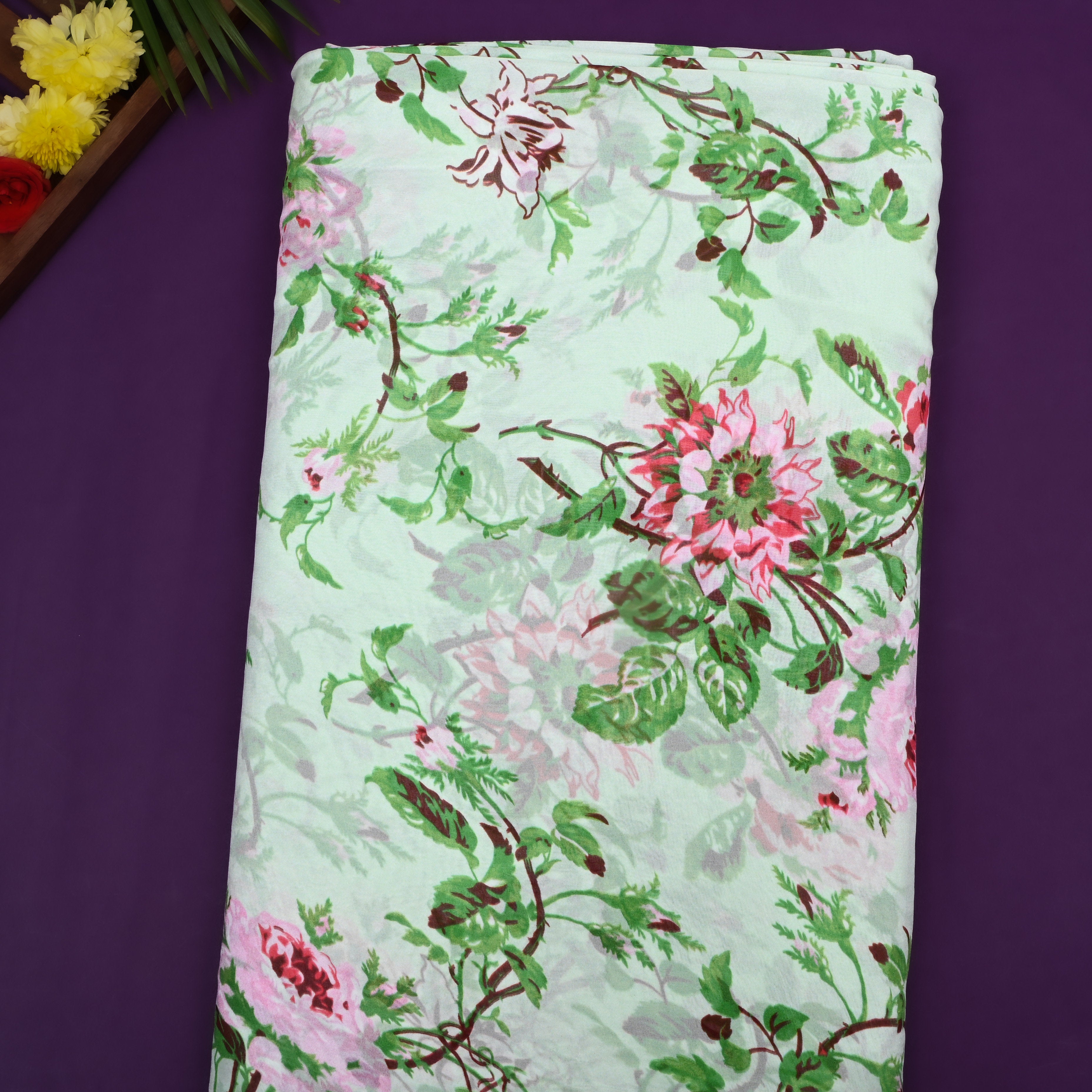 Light Pastel Green Chiffon With Floral Print