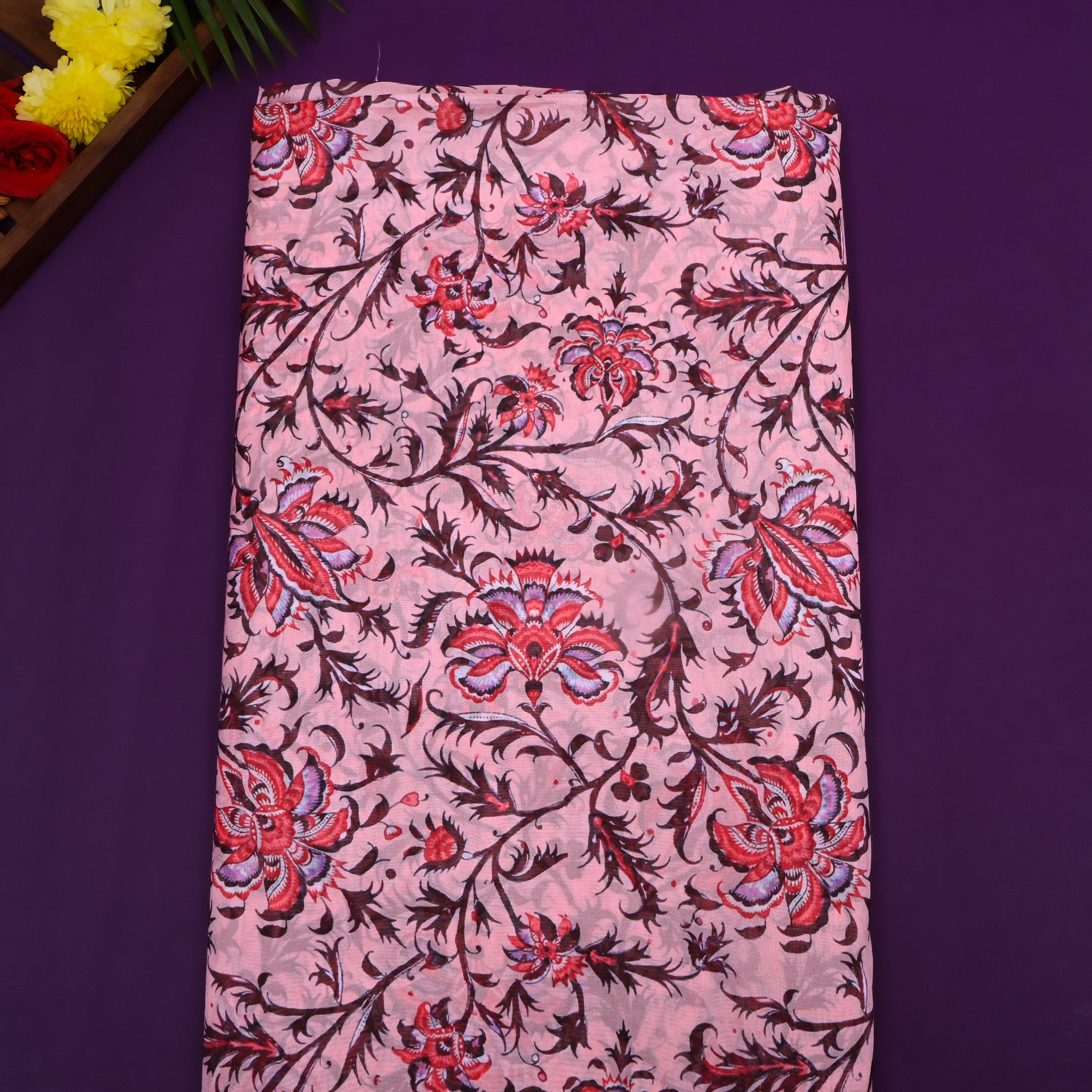 Soft Pink Floral Printed Silk Fabric
