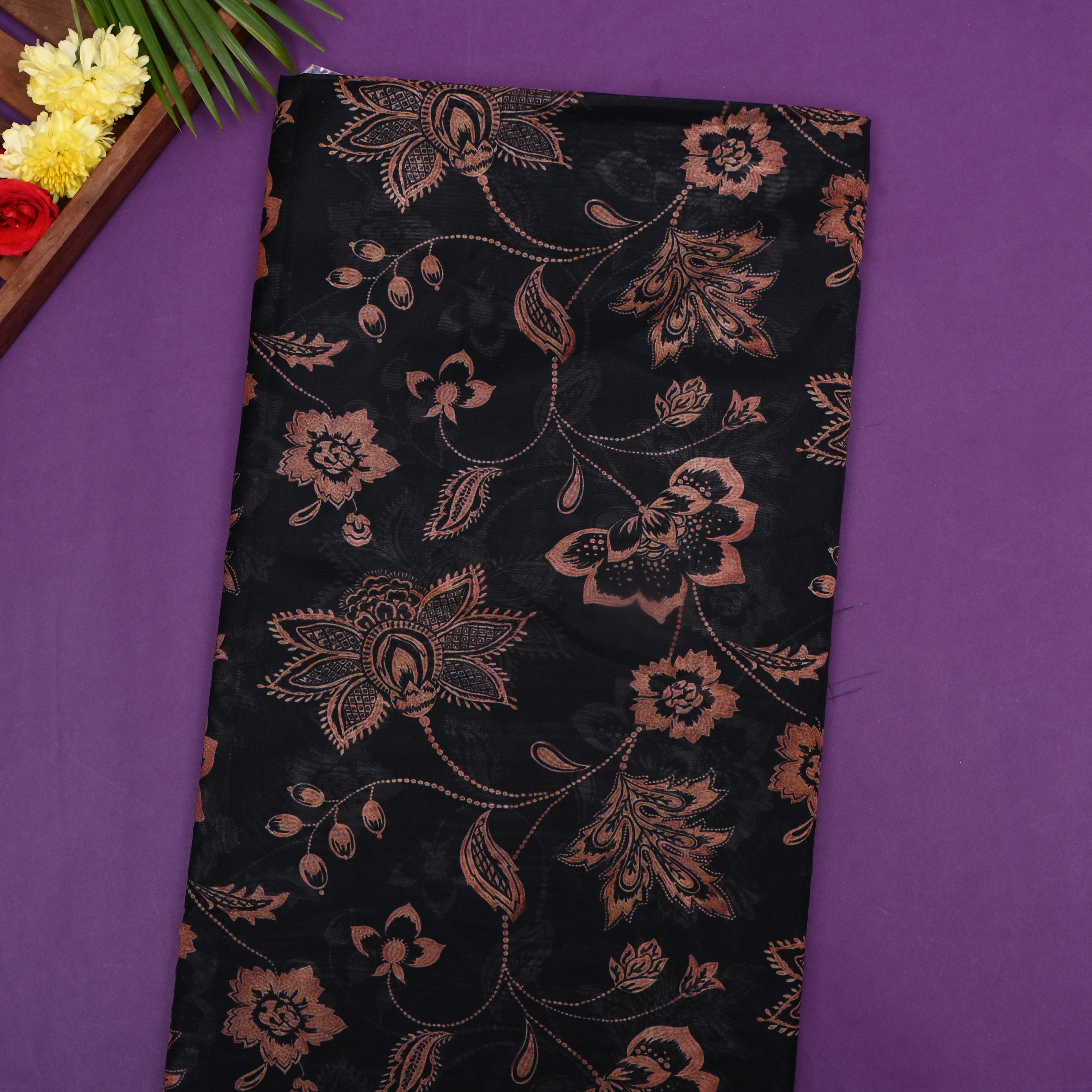 Black Floral Printed Silk Fabric