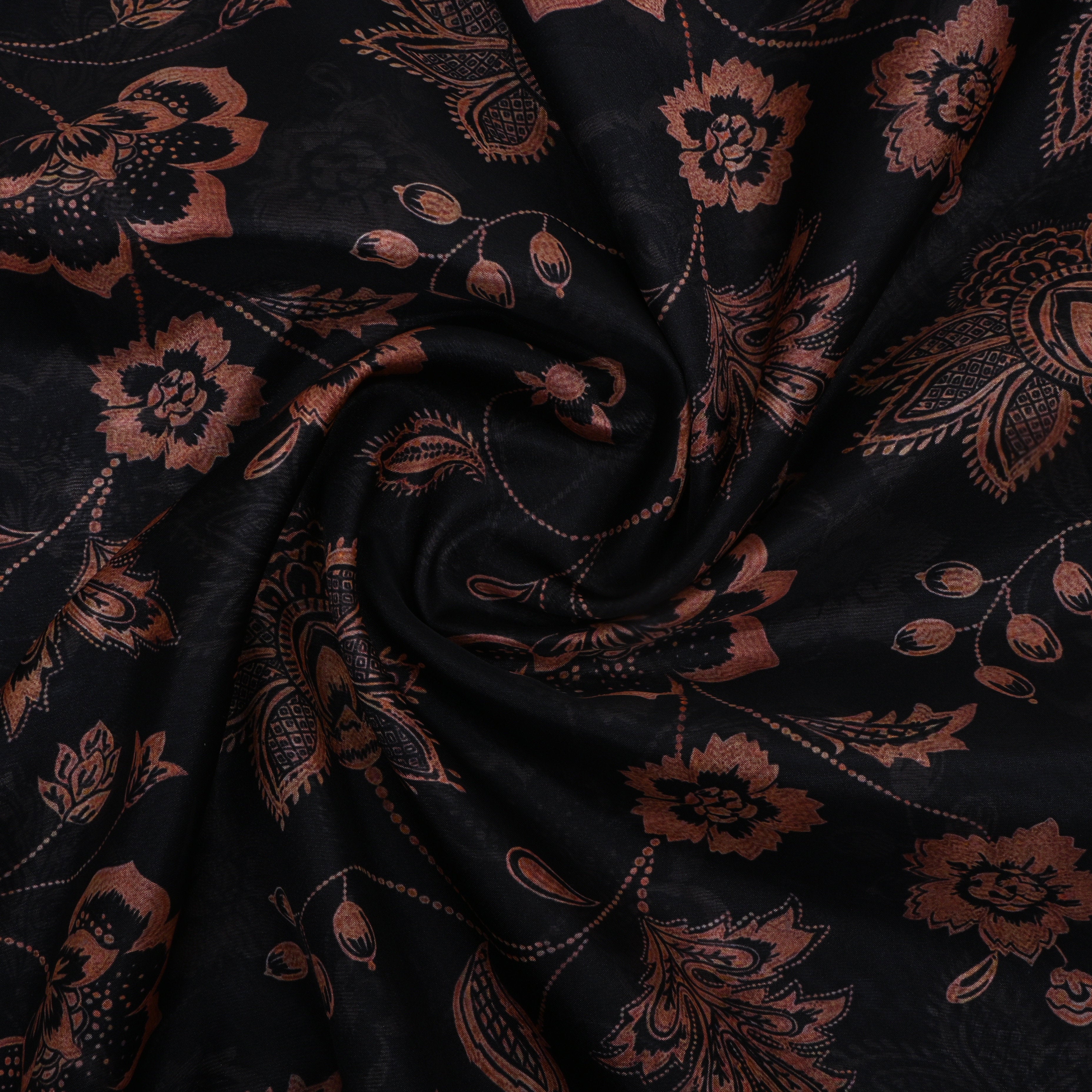 Black Floral Printed Silk Fabric