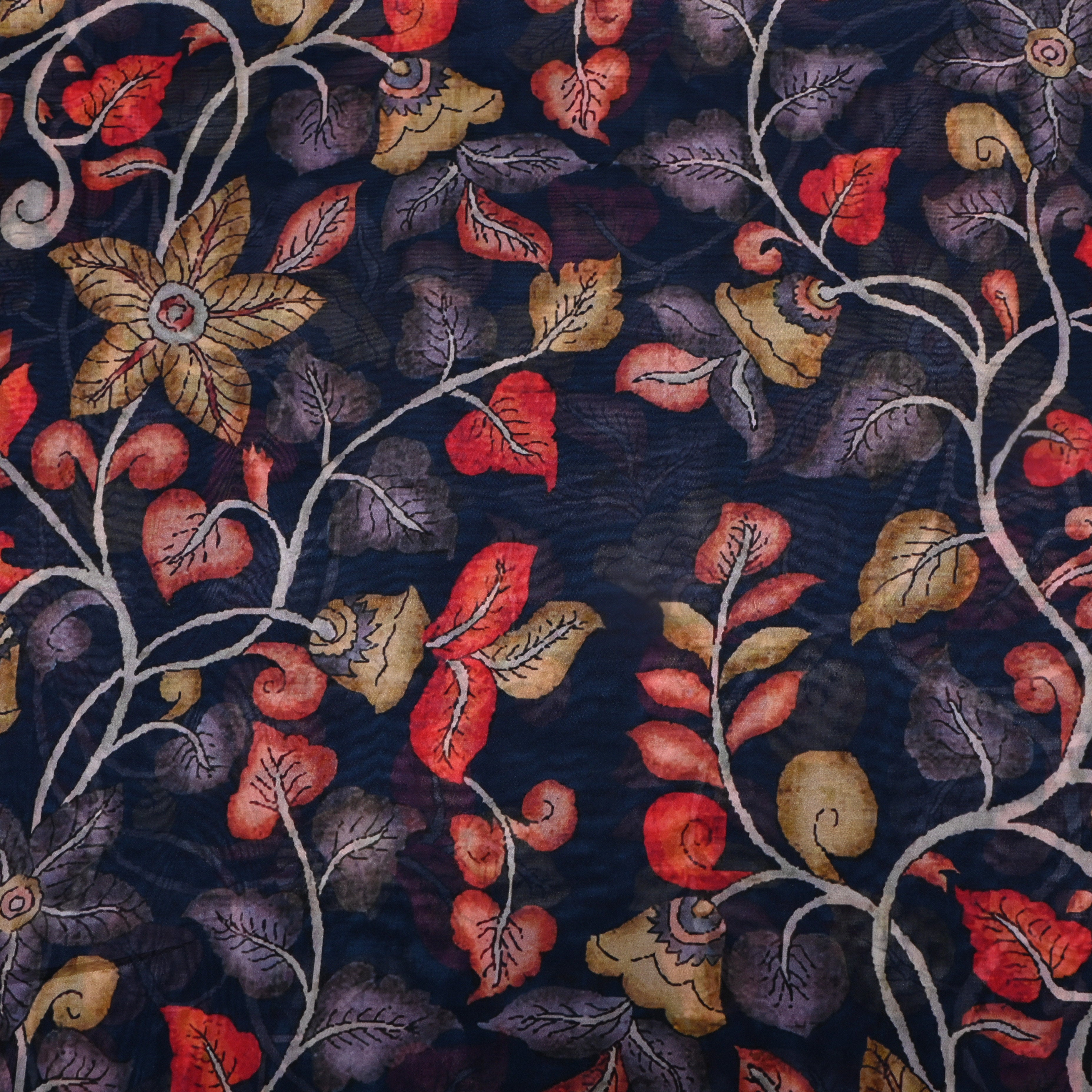 Navy Blue Floral Printed Silk Fabric