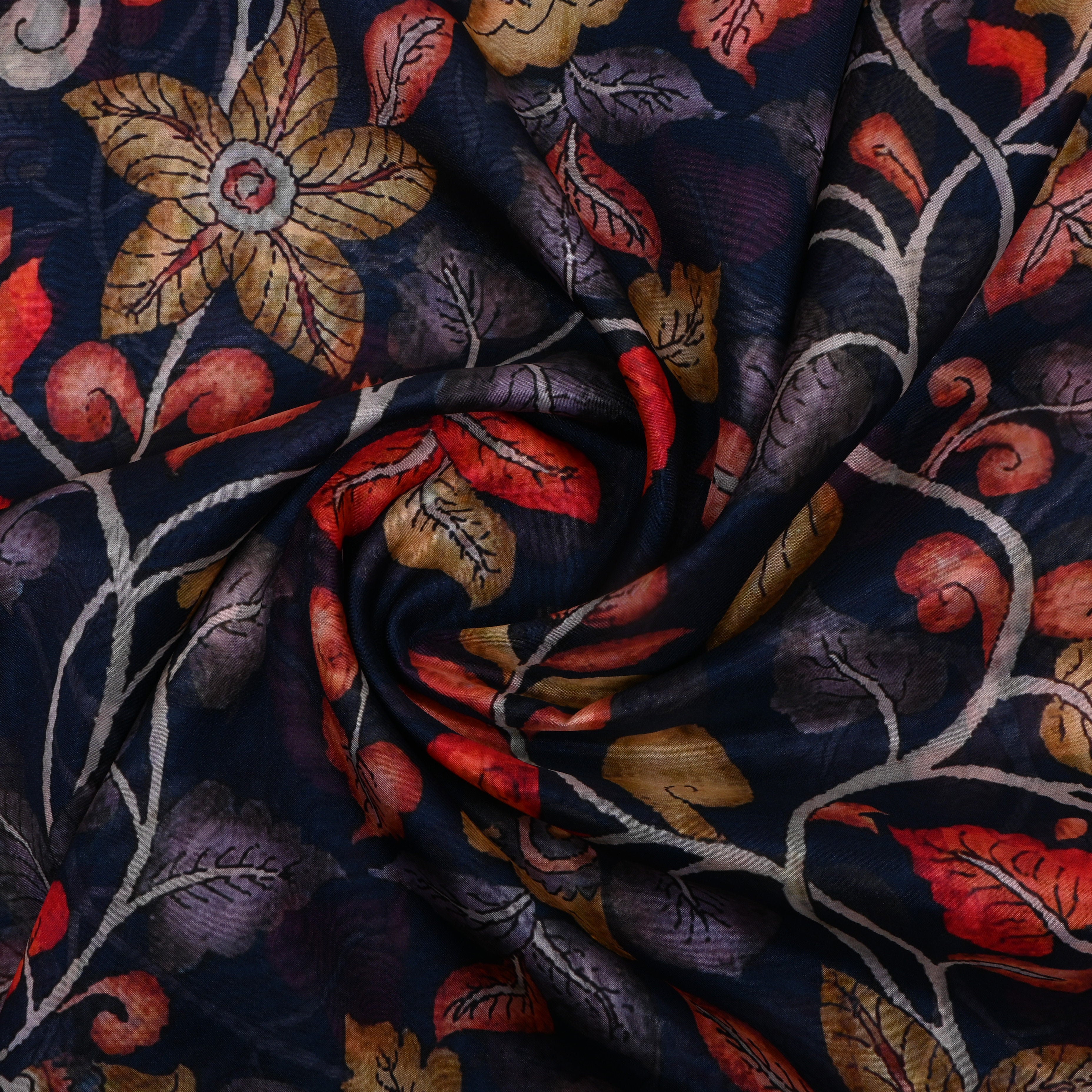 Navy Blue Floral Printed Silk Fabric