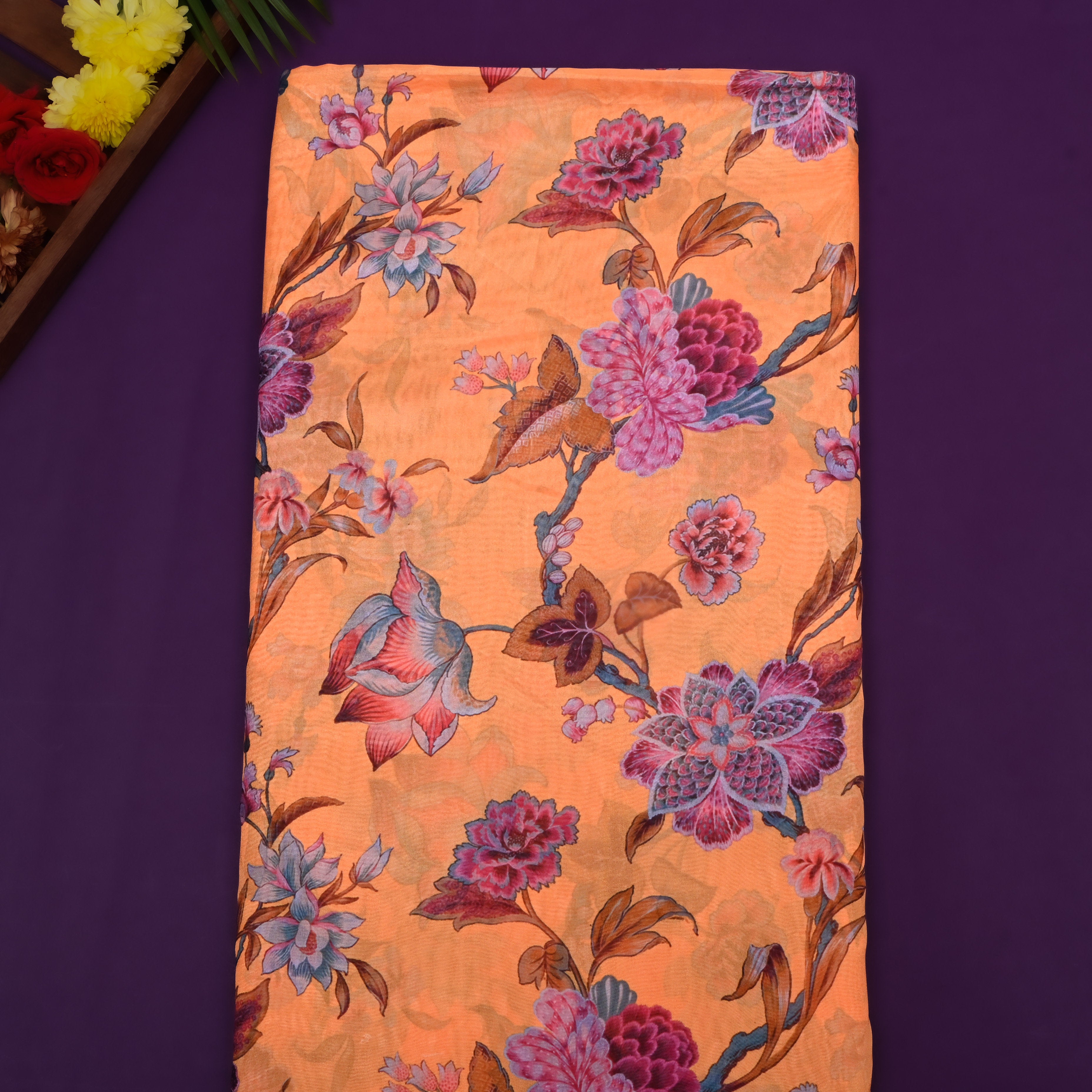 Light Amber Yellow Floral Printed Silk Fabric