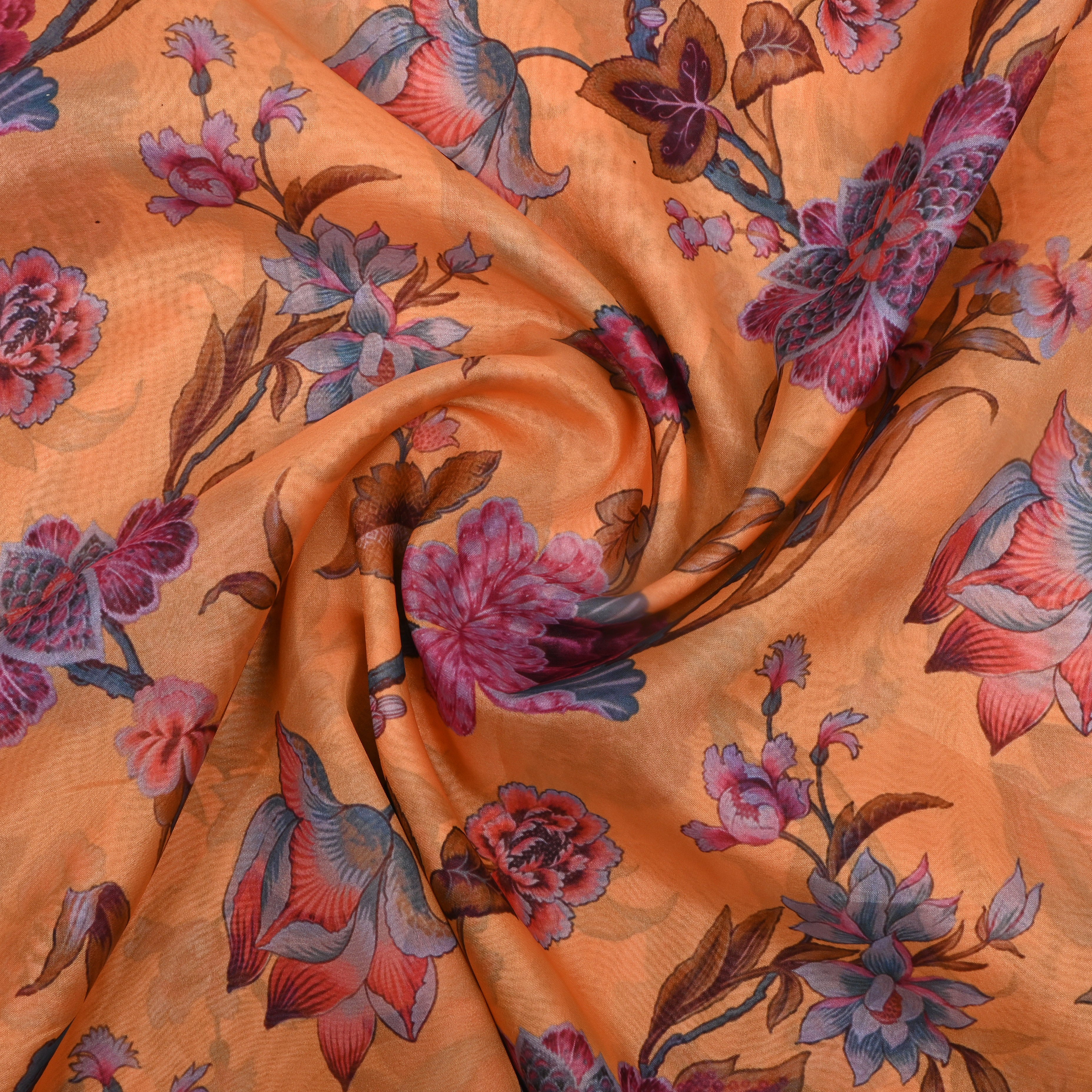 Light Amber Yellow Floral Printed Silk Fabric
