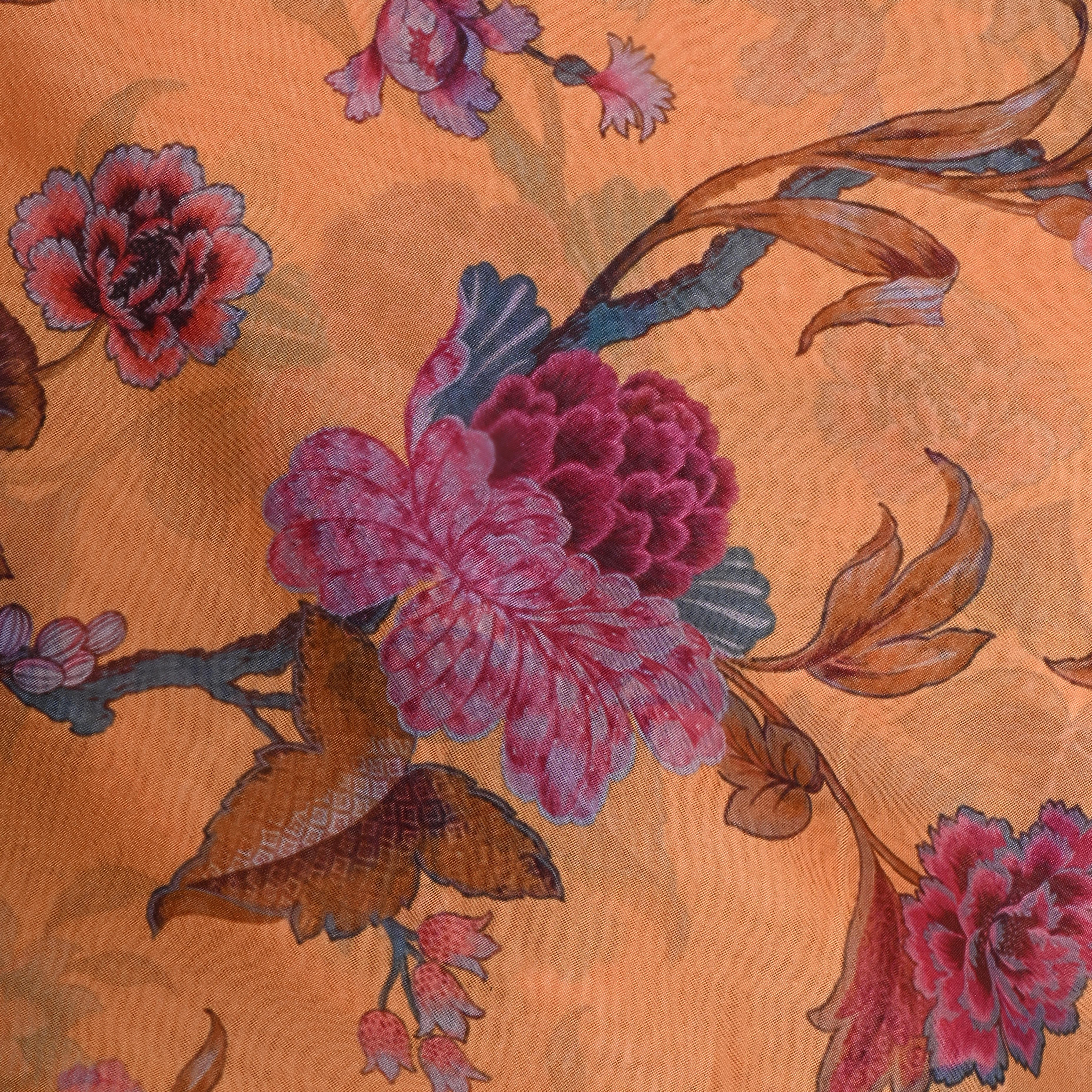 Light Amber Yellow Floral Printed Silk Fabric