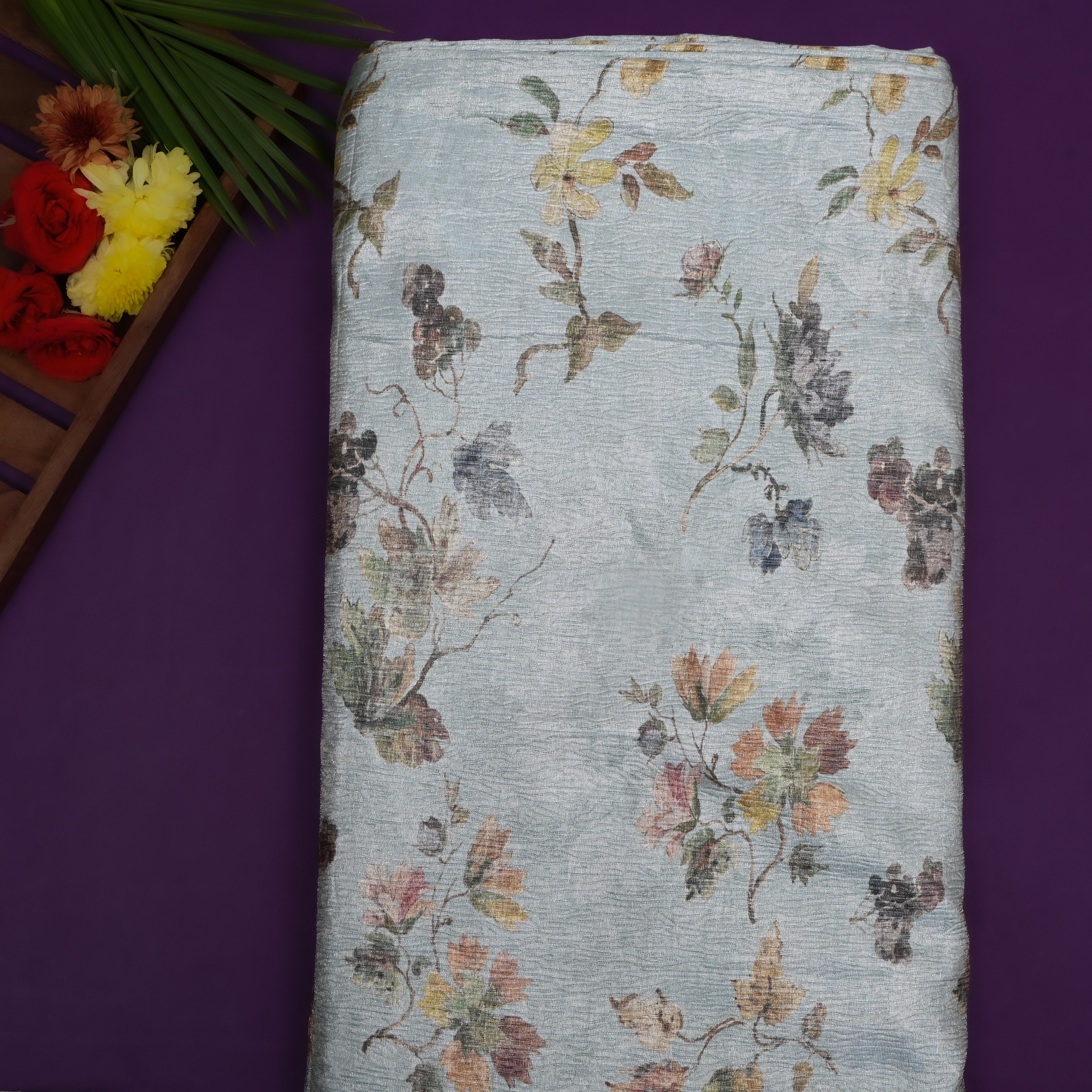 Gray Floral Printed Tissue Fabric