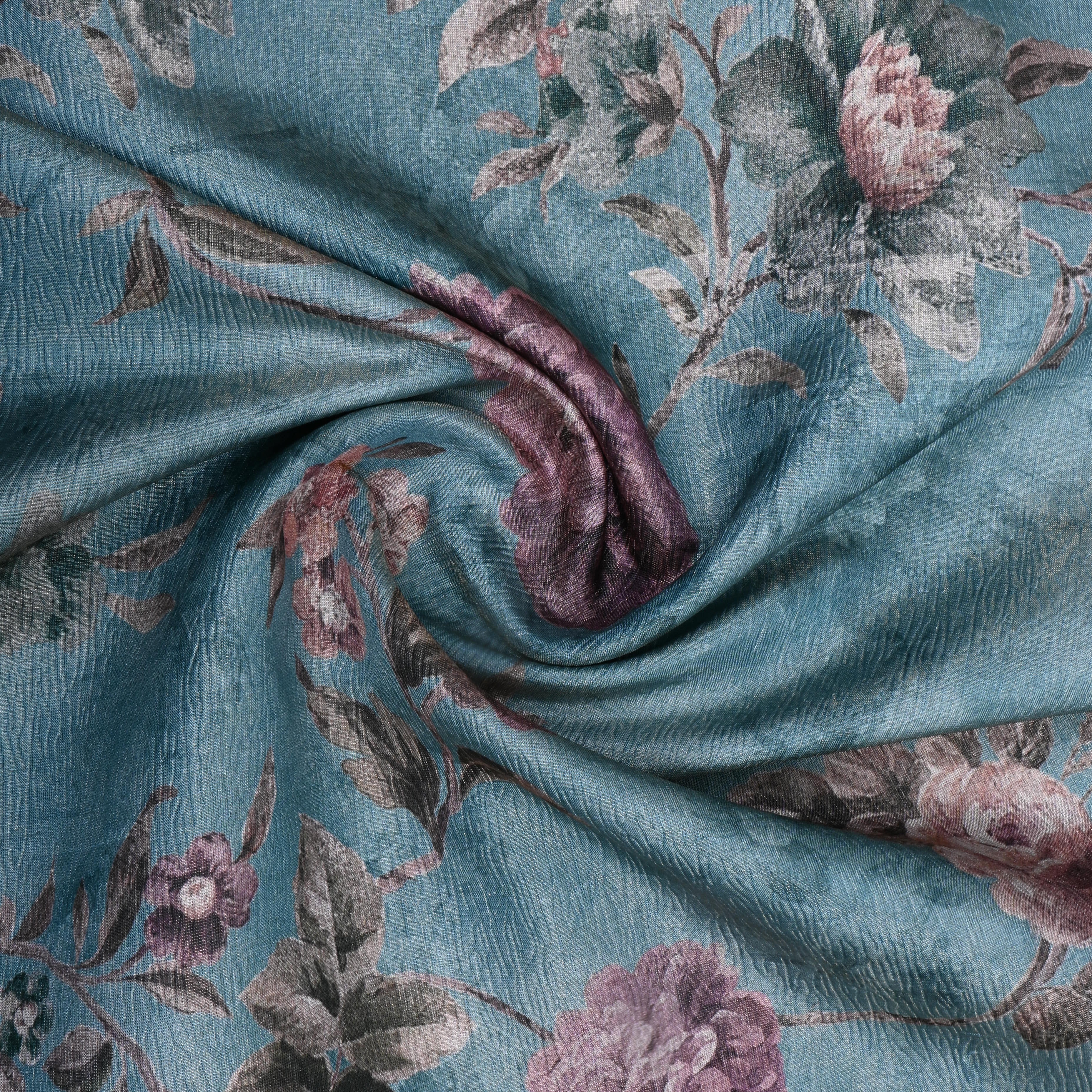 Slate Gray Floral Printed Tissue Fabric